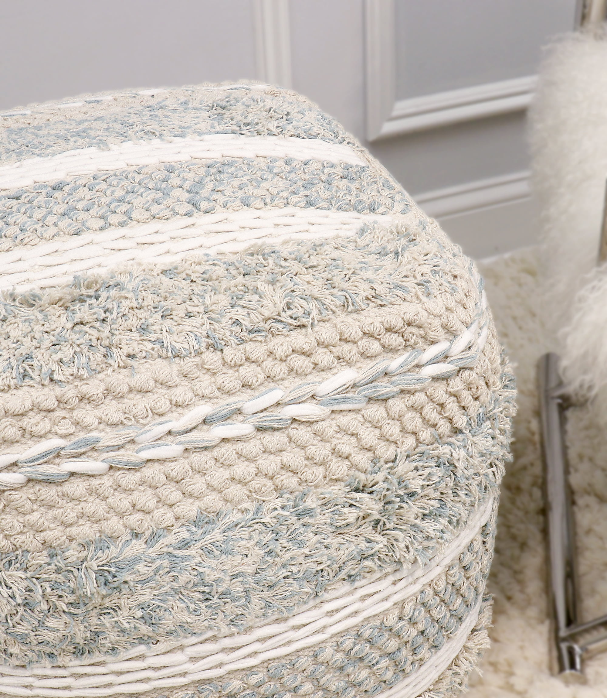Pasargad Home PPF-176-1 Grand Canyon Shag Cotton Pouf - Beige - 17.75 x 17.75 x 17.75 in.