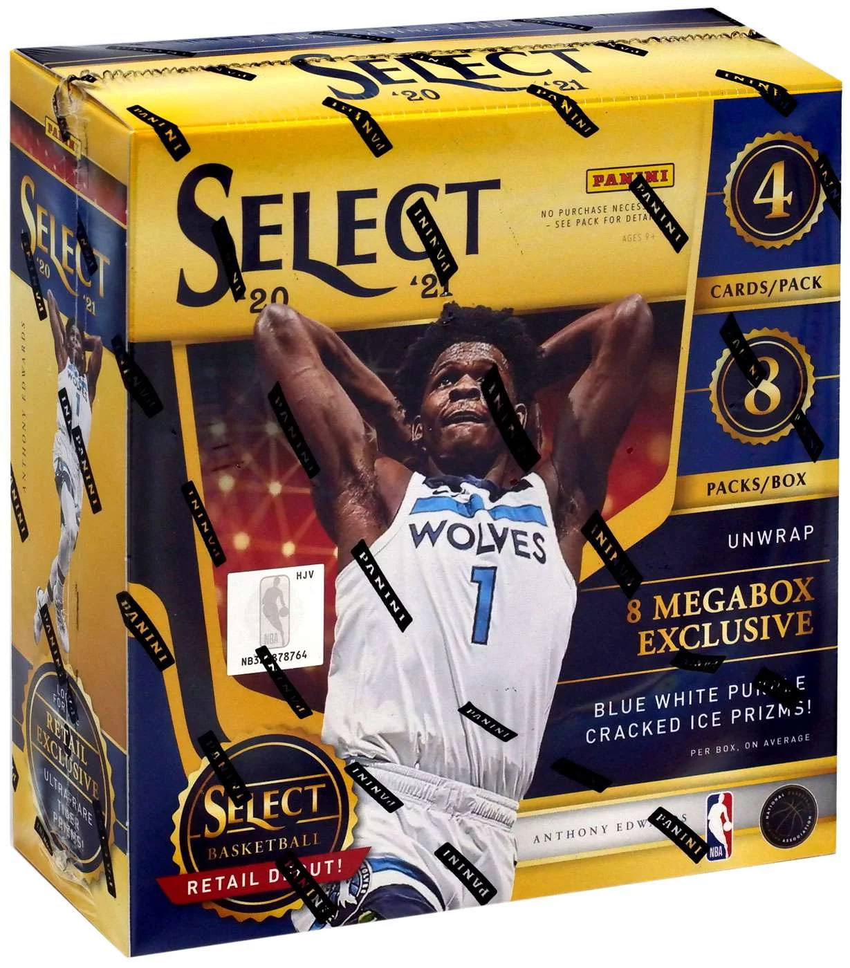NBA Panini 2020-21 Select Basketball Trading Card MEGA Box (8 Packs, Blue White Purple Cracked Ice Prizms!)
