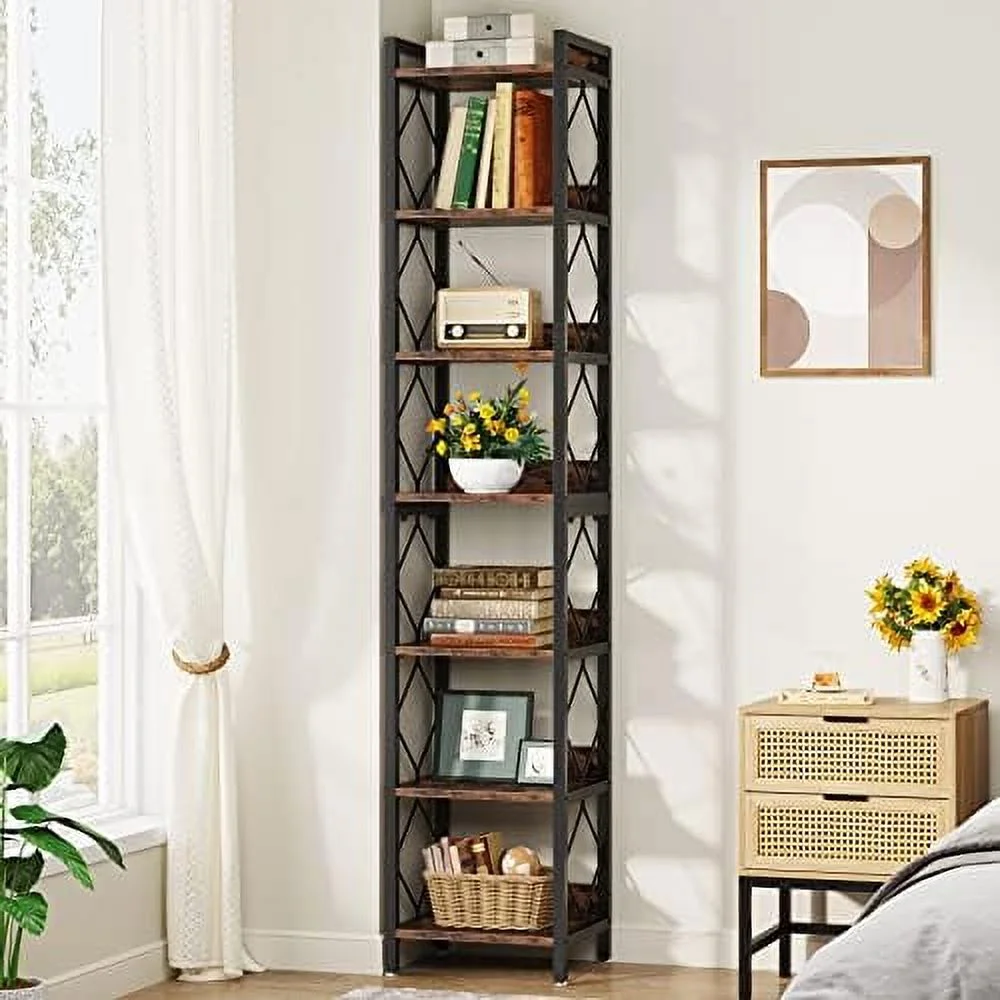 ZFGSUIJN 78.7 Inch Extra Tall Narrow Bookshelf  7 Tier Skinny Bookcase for Small Spaces  Freestanding Display Shelves  Multifunctional Corner  Organizer for Home Office  Rustic Brown