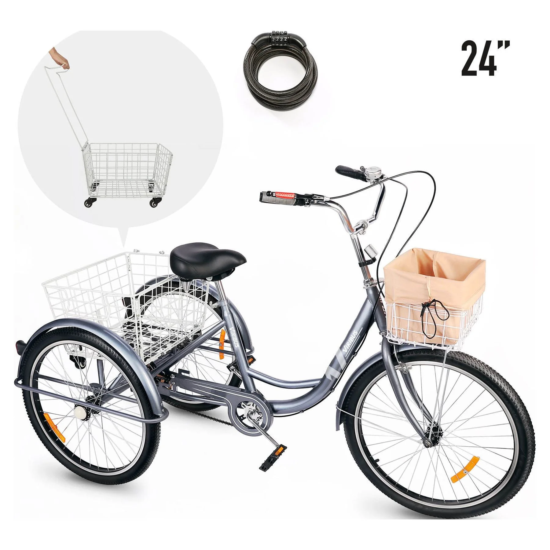 Viribus 24 inch Single Speed Adult Tricycle 3 Wheel Cruiser Bike with Removable Basket  for Men & Women, Gray