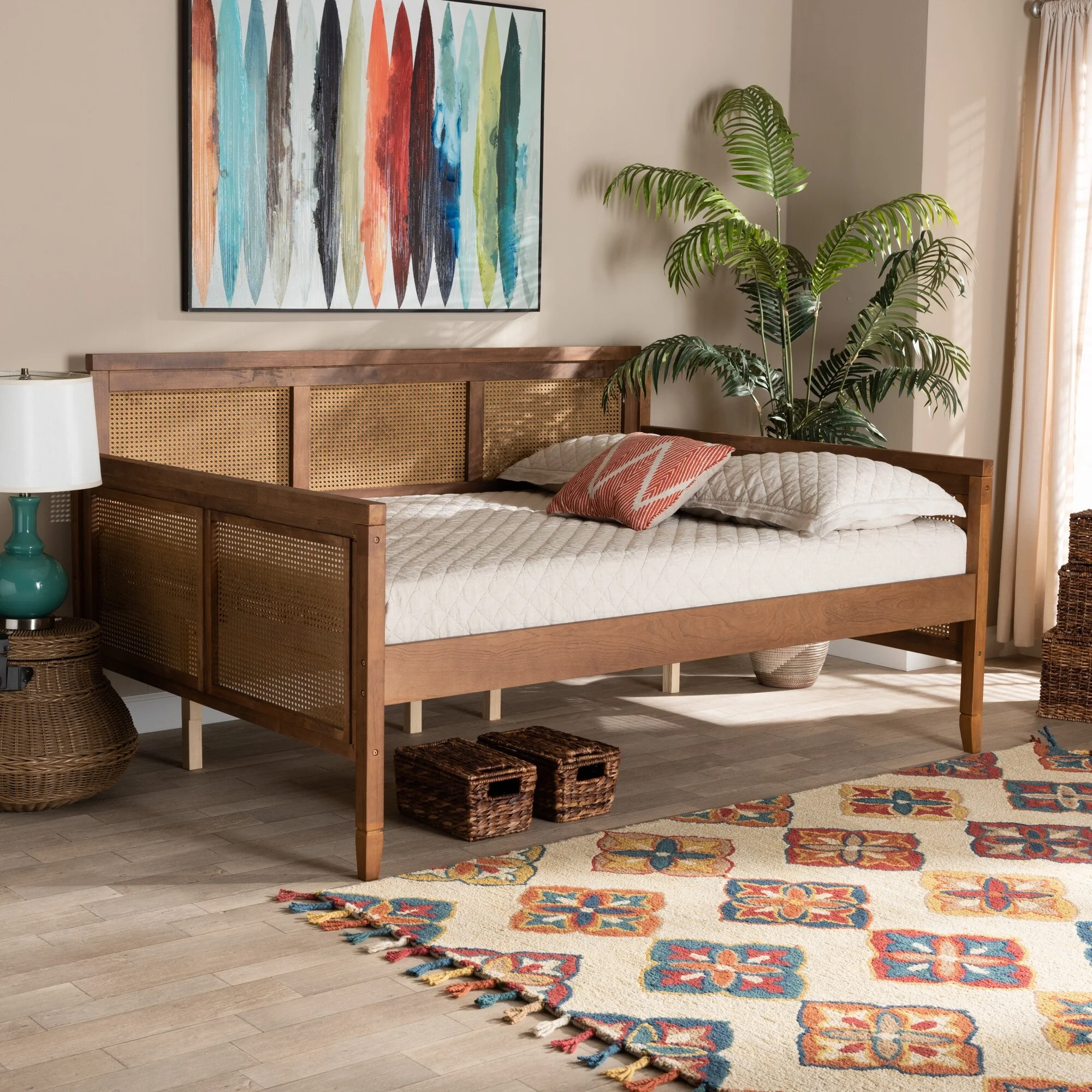 Baxton Studio Toveli Vintage French Walnut Wood and Rattan Full Size Daybed