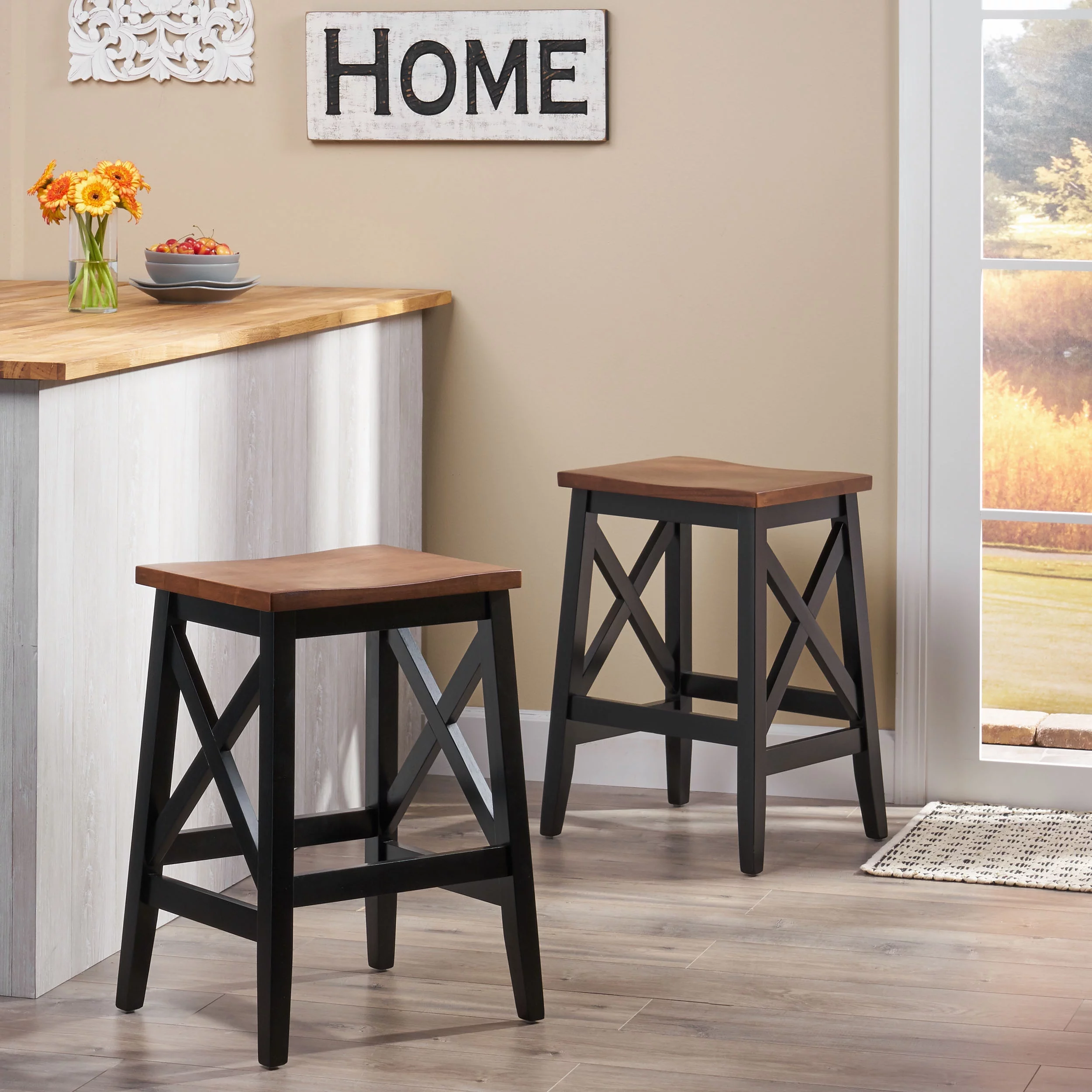 GDF Studio Cricket Farmhouse Wooden 26 Inch Backless Counter Stools, Set of 2, Light Gray and Black