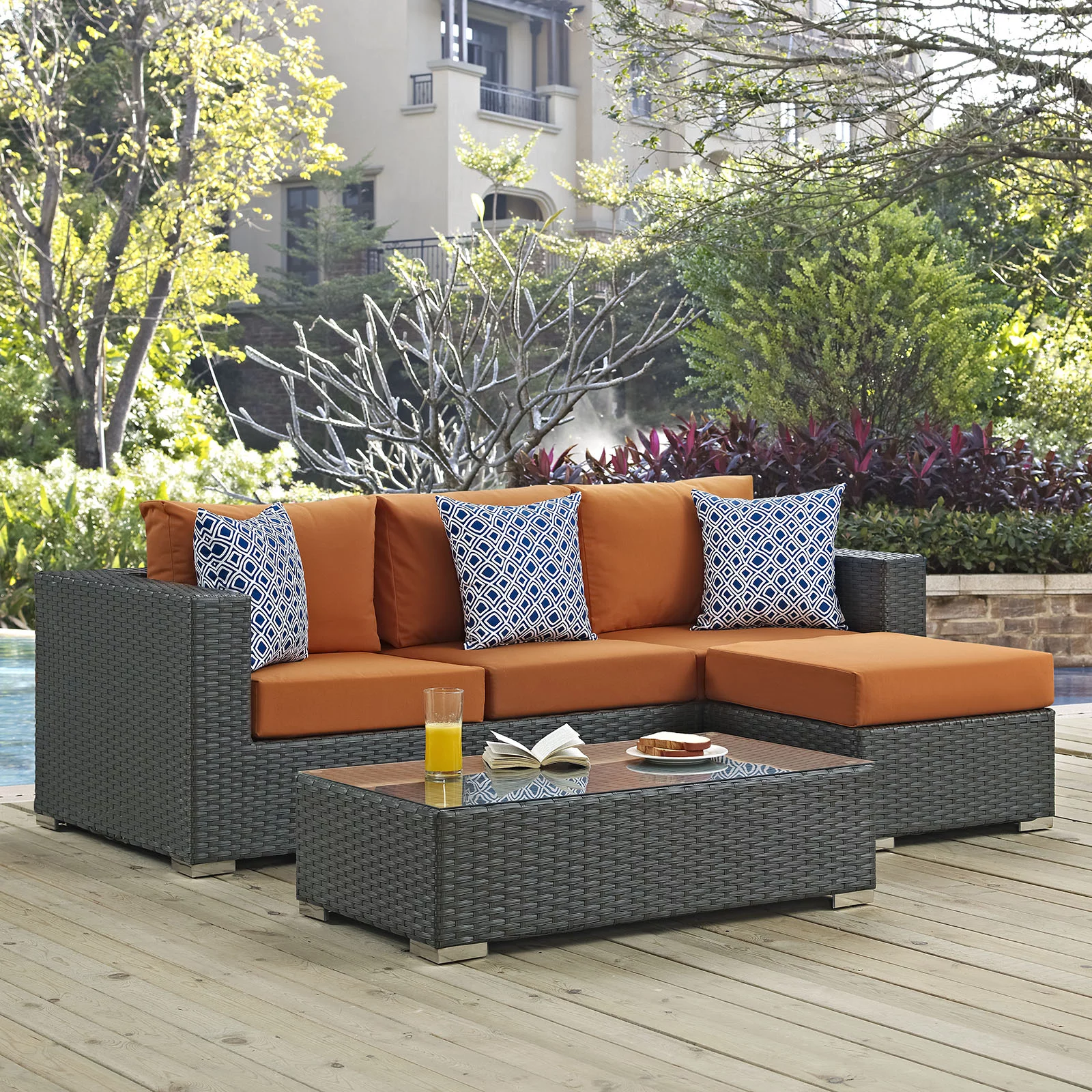 Modern Contemporary Urban Design Outdoor Patio Balcony Three PCS Sectional Sofa Set, Orange, Rattan