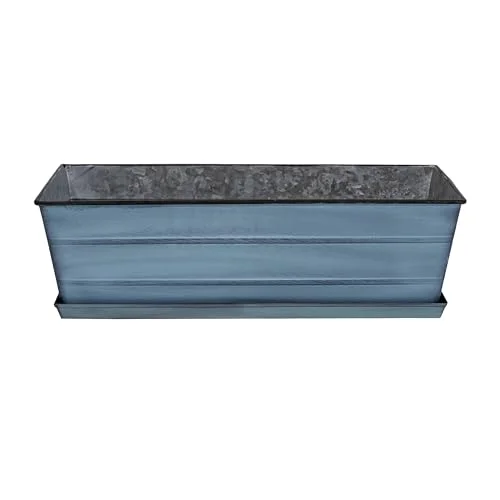 Galvanized Steel Flower Box Planter with Tray, Nantucket Blue, Medium