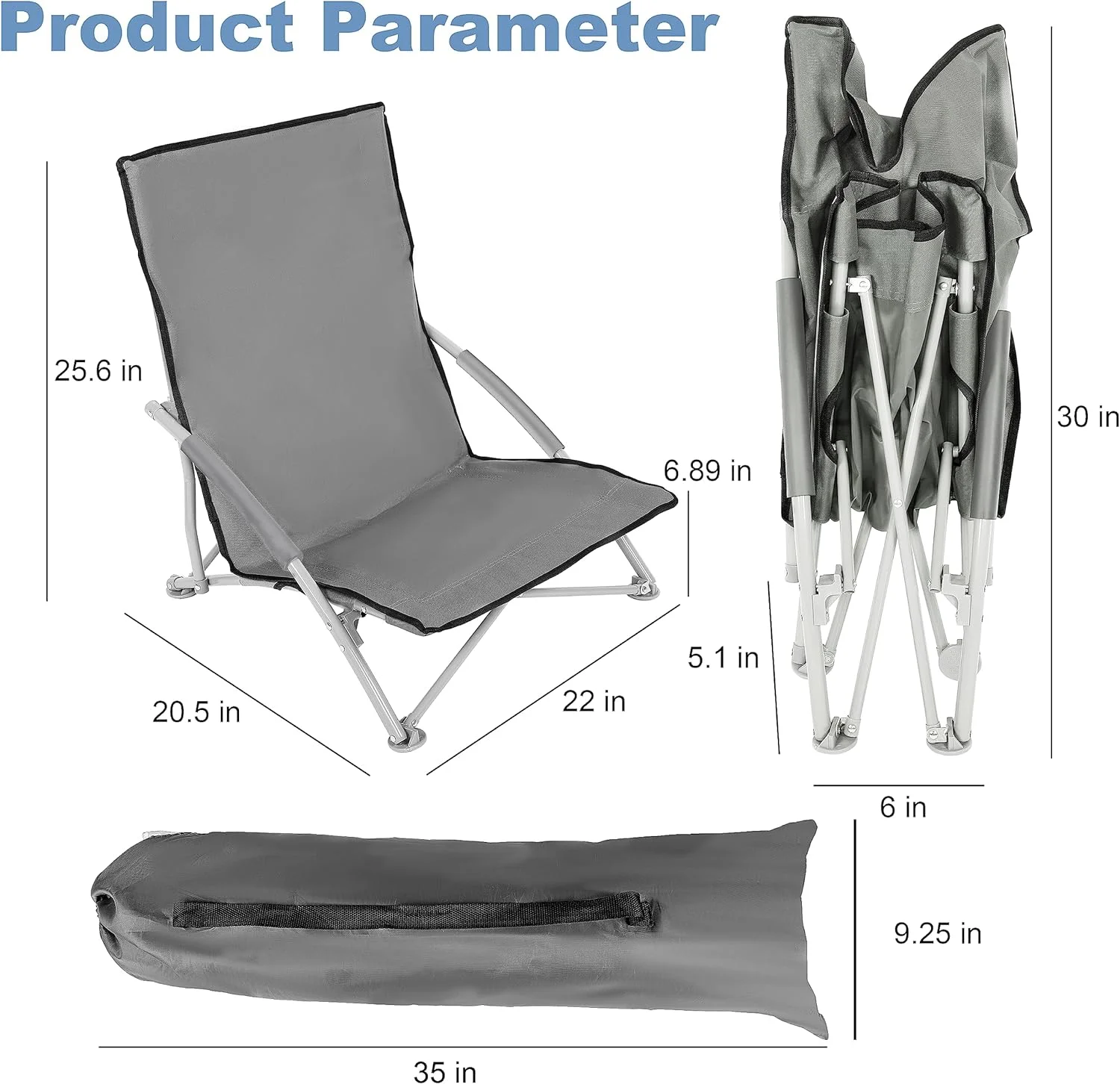 Grey Beach Camping Folding Adults with Carry Bag︱Low Profile, Lightweight, Portable Chair for Outdoor Travel, Picnic, BBQ (Color, 1-Pack