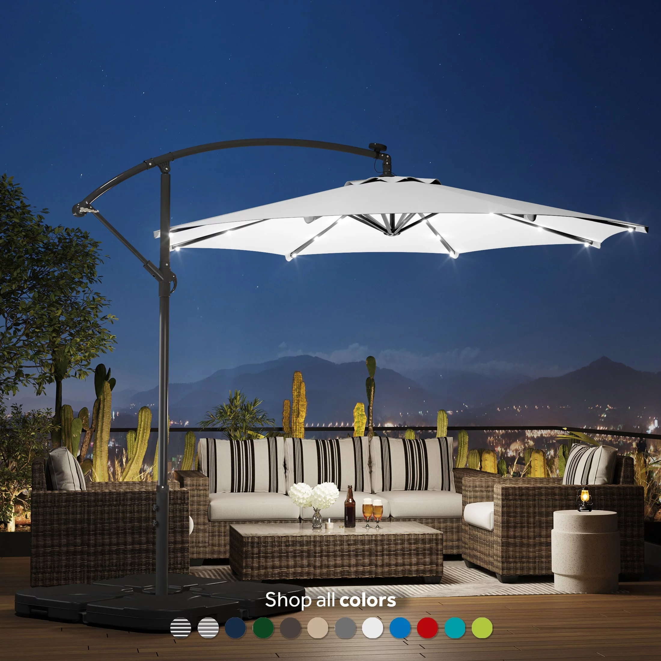 Polytrends Lucent 10' LED Solar Light Up Cantilever Patio Umbrella Turquoise