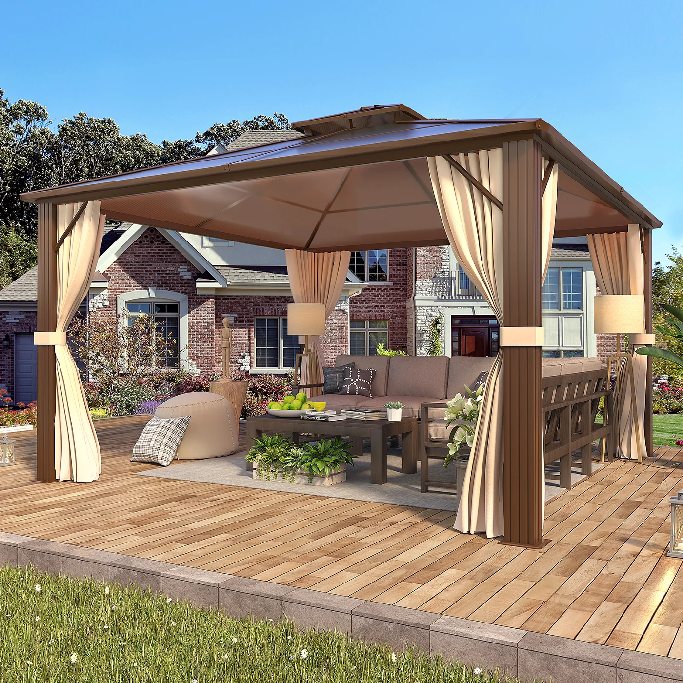 Richryce 12'x12' Outdoor Polycarbonate Double Roof Hardtop 12 ft Gazebo Canopy, Brown