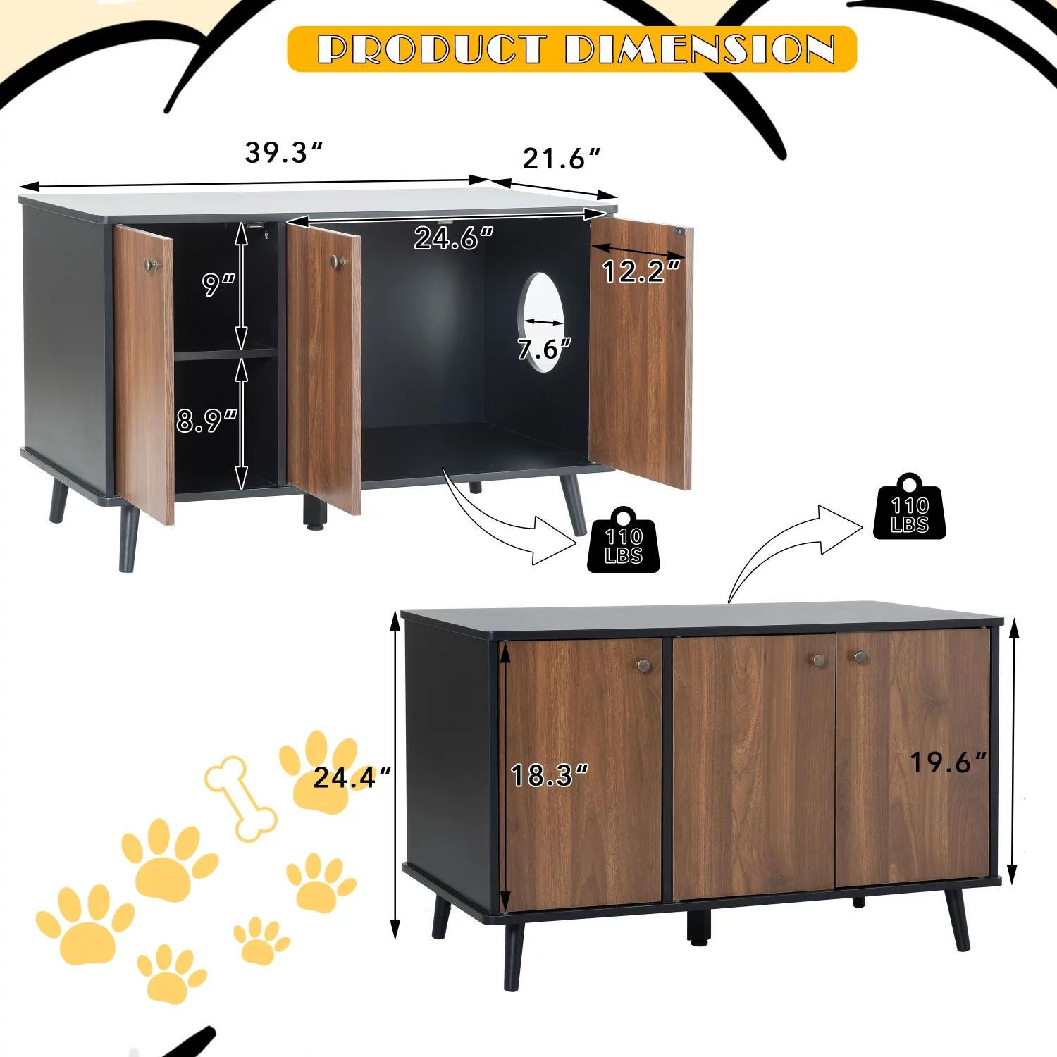 Modern Large Black and Walnut Wooden Litter Box Enclosure with Hidden Plug and 3 Doors for Indoor Cat Washroom. Stylish Cat Furniture Storage Bench Side Table House.