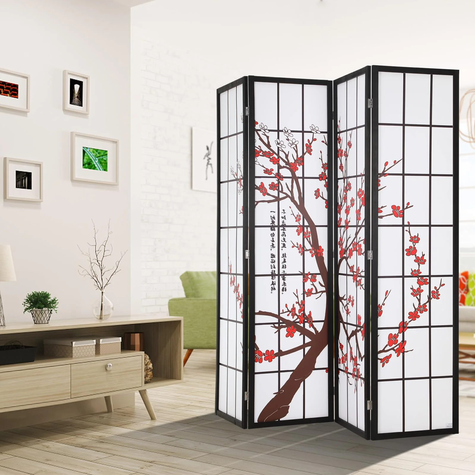 Room Divider 4 Panel Folding Privacy Screen 6Ft Room Partition Shoji Wall Divider Screen Portable Wood Divider for Office, Bedroom, Restaurant, Freestanding