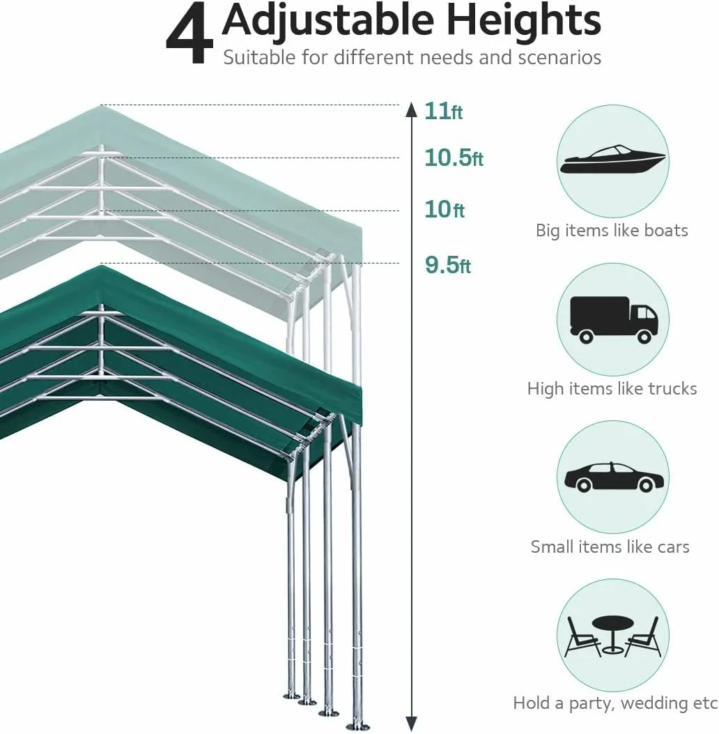 12x20 ft Heavy Duty Carport Car Canopy Garage Boat Shelter Party Tent, Adjustable Peak Height from 9.5ft to 11ft, Green