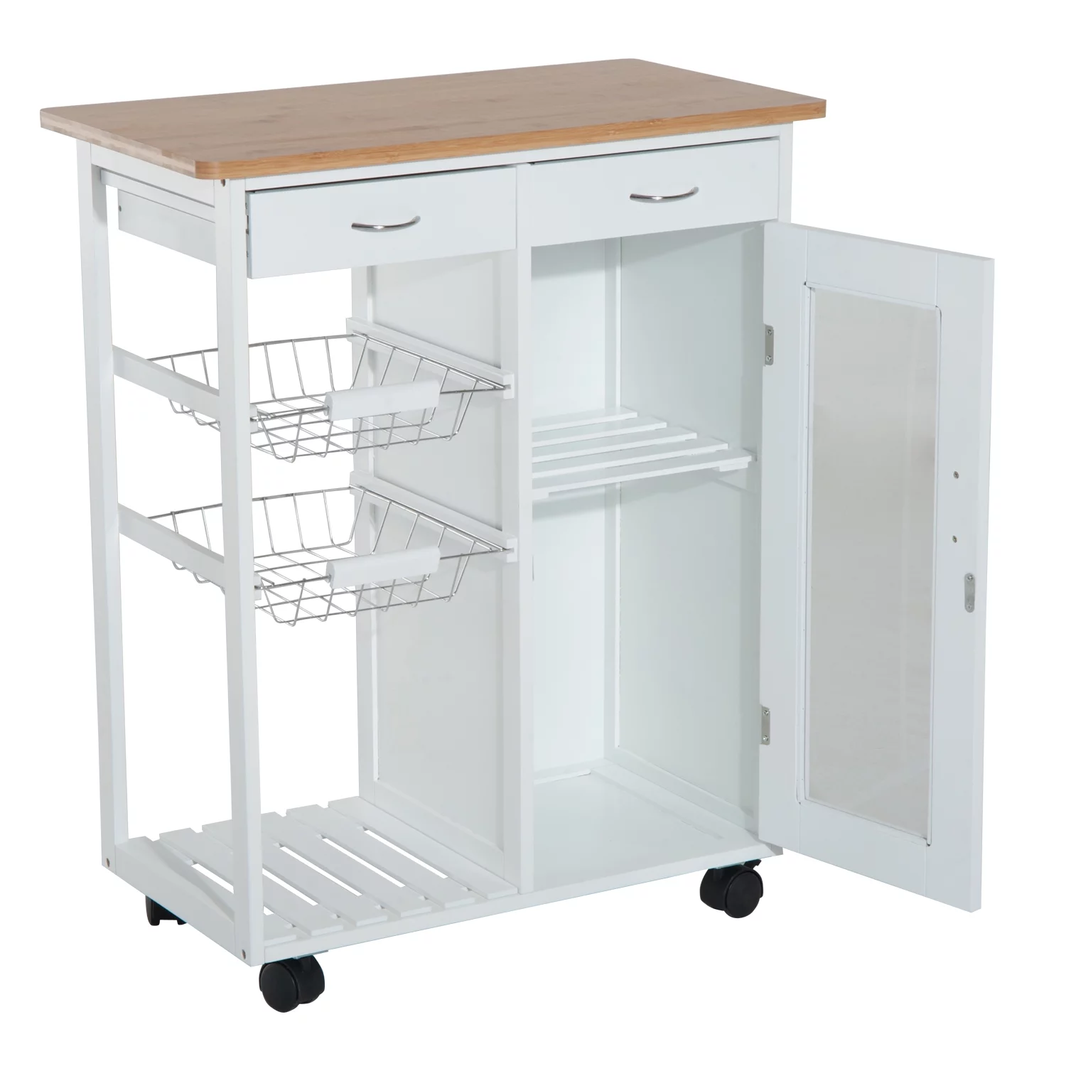 HOMCOM 28â€ Rolling Kitchen Trolley Serving Cart Storage Cabinet Bamboo Top with Wire Basket & Glass Door & Drawers - White