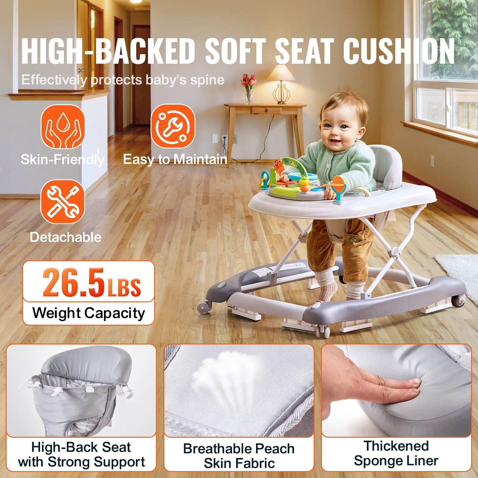 SKYSHALO Baby Walker 4 in 1, Foldable Height Adjustable Baby Walker with Wheels, Infant Toddler Walker with Foot Pads, Anti-Fall Baby Walker With Music & Toys Tray for Boys and Girls 6-24 Months