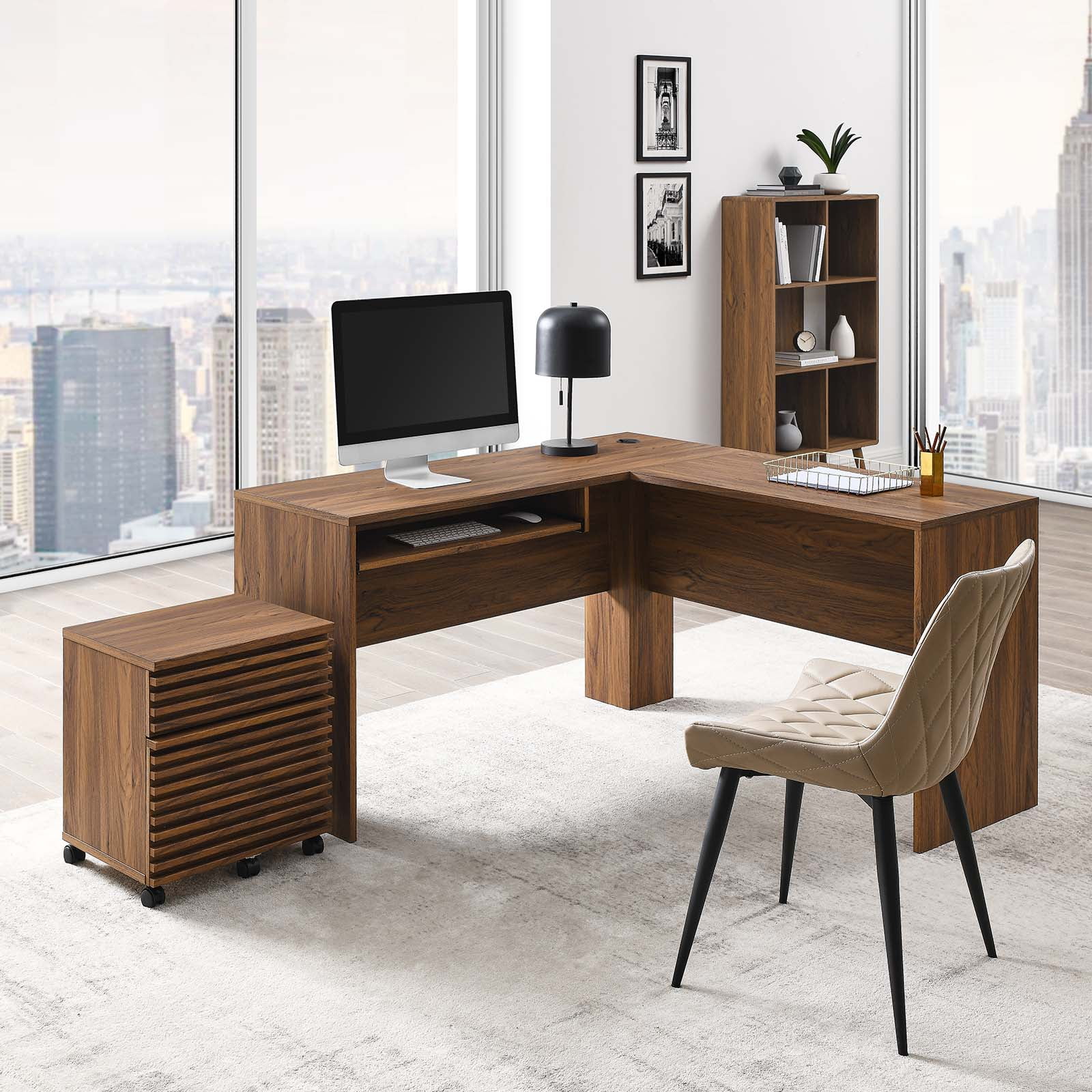 Modway Render Wood Desk and File Cabinet Set in Walnut