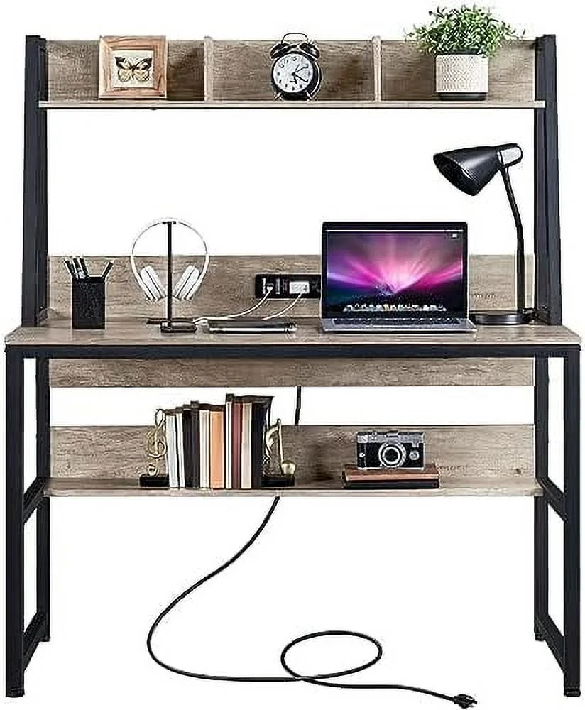 SJOPLMN Home Office 47 Inch Writing Desk with Power Outlets and 2 USB Charging Ports for Studying  Gaming Table Computer Desk with Hutch and Bookshelf  Metal Frame Workstation for Office