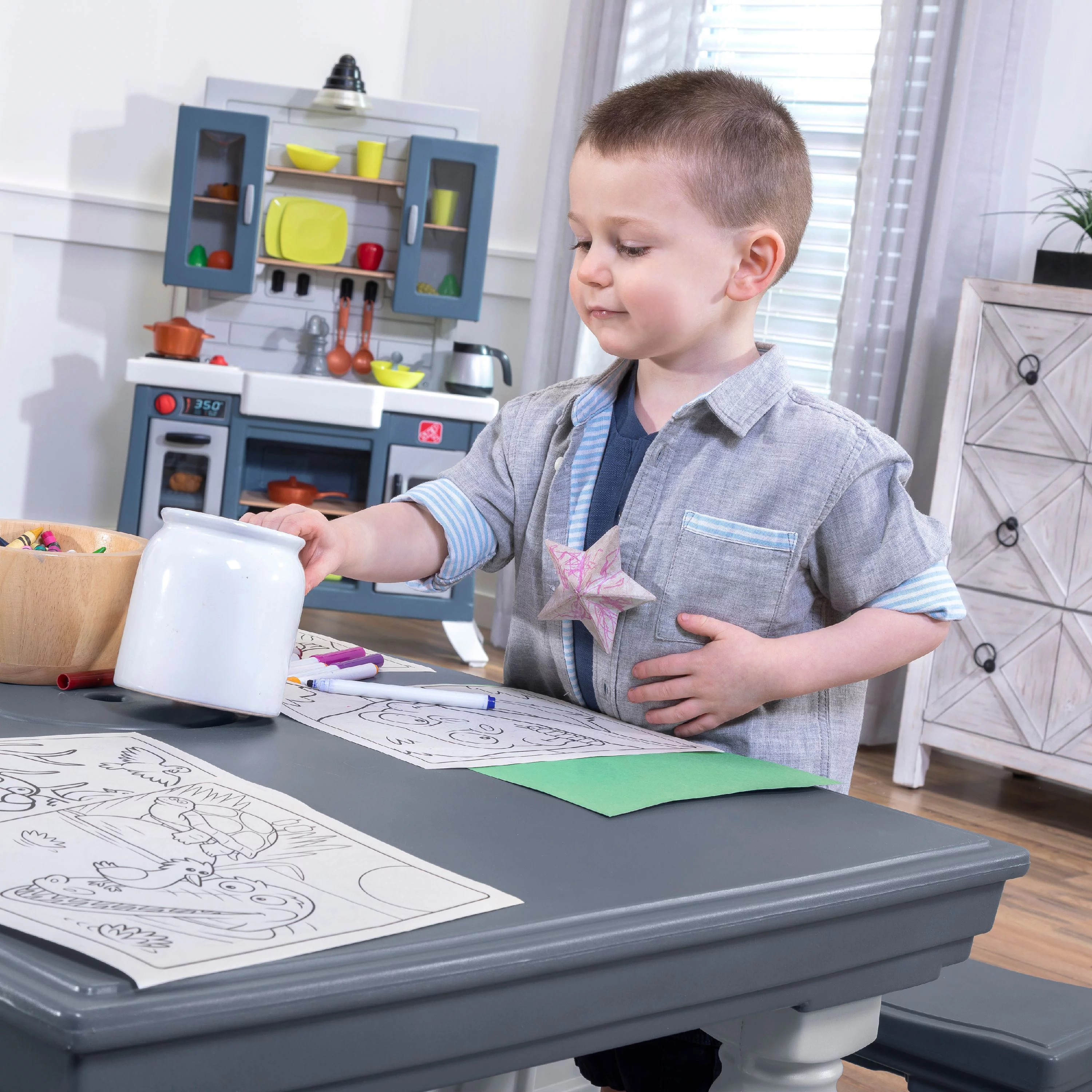 Step2 3-Piece Gray Farmhouse Table And Bench Set Seats Four Children
