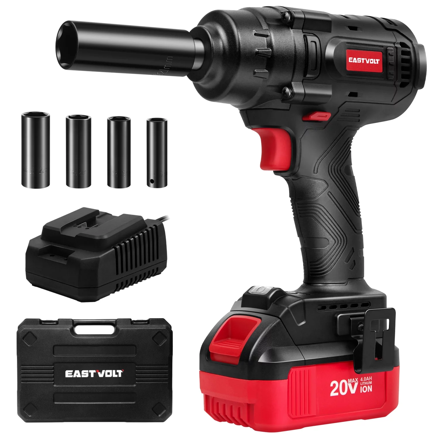 Eastvolt 20V Cordless Impact Wrench 1/2 inch, 370Ft-lbs Torque Brushless Wrench with 4.0Ah Battery, Fast charger, 4Pcs Sockets, Belt Clip and Storage Box, Power Impact Wrench Set for Car and Home
