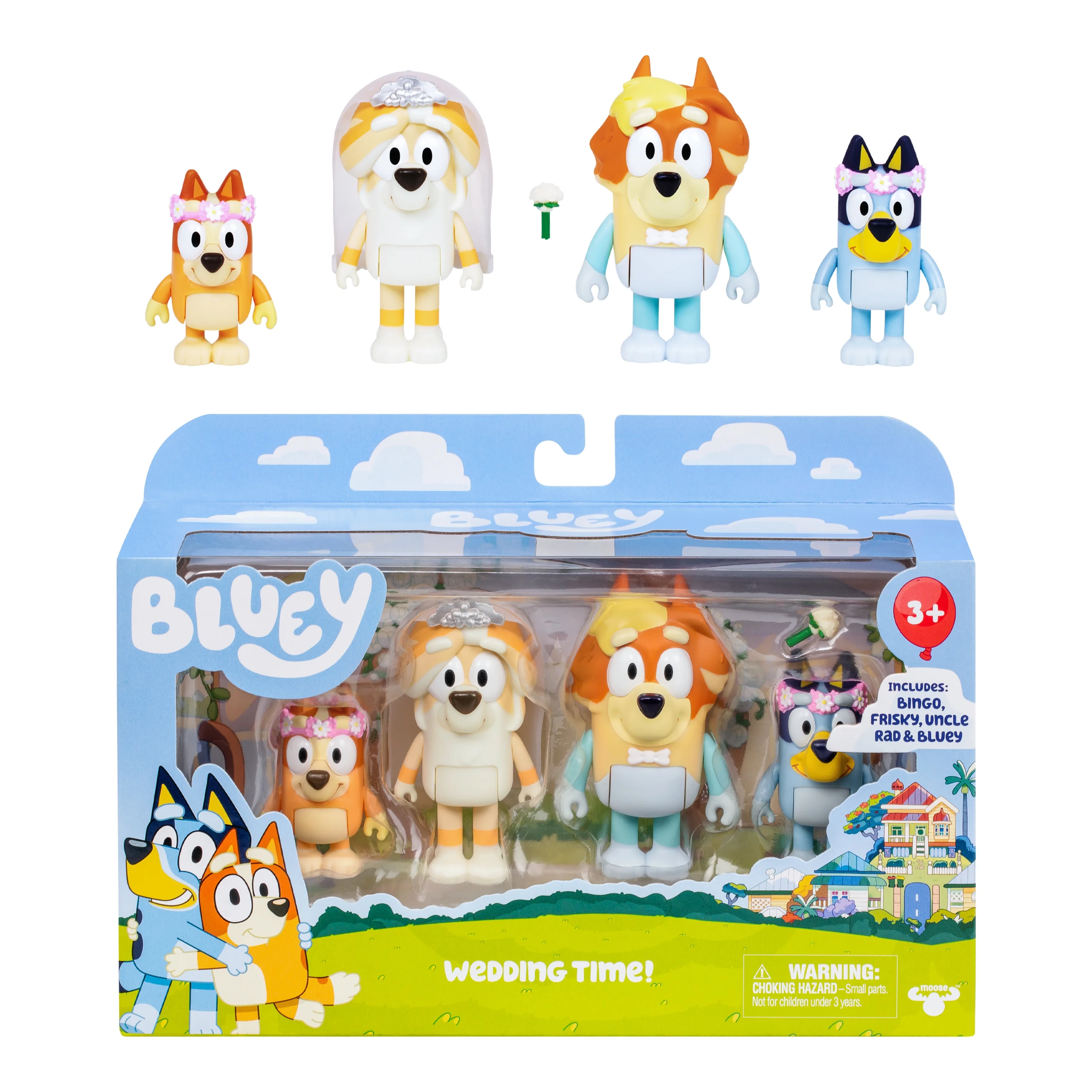 Bluey 4-Pack Wedding Time  Figures, Includes  Uncle Rad, Frisky, Bluey and Bingo, Ages 3+