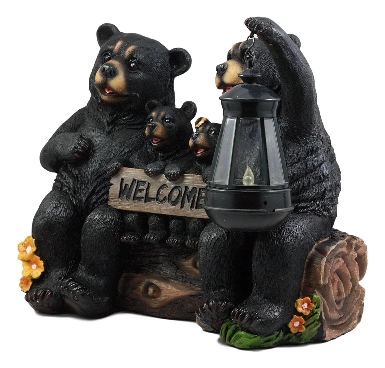 Ebros Beacon Of Happiness Rustic Black Bear Family Welcome Sign Statue With Solar LED Light Lantern