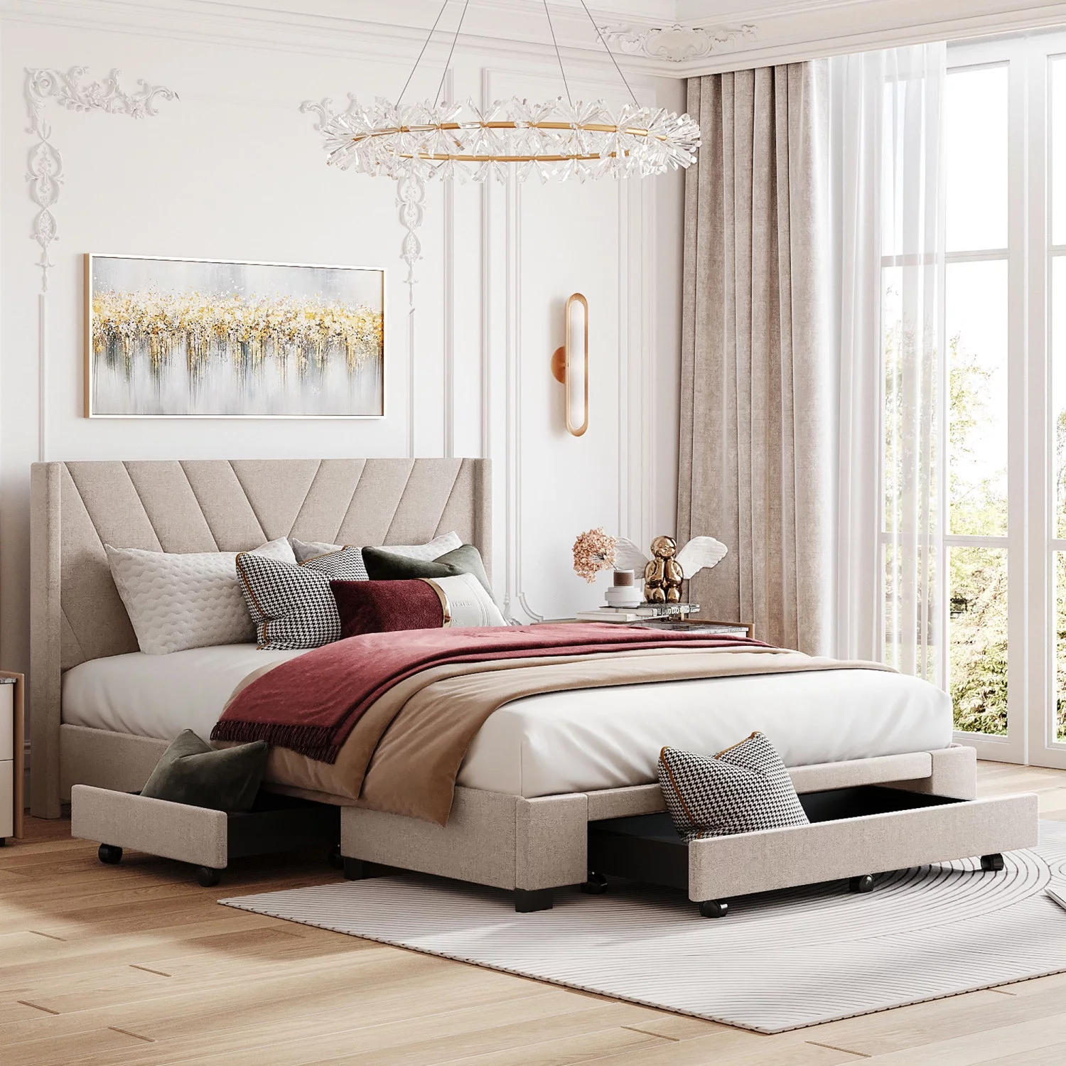 Elegant and Stylish Beige Linen Upholstered Queen Size Platform Bed with Convenient Storage Drawers for Organizing Your Bedroom Space