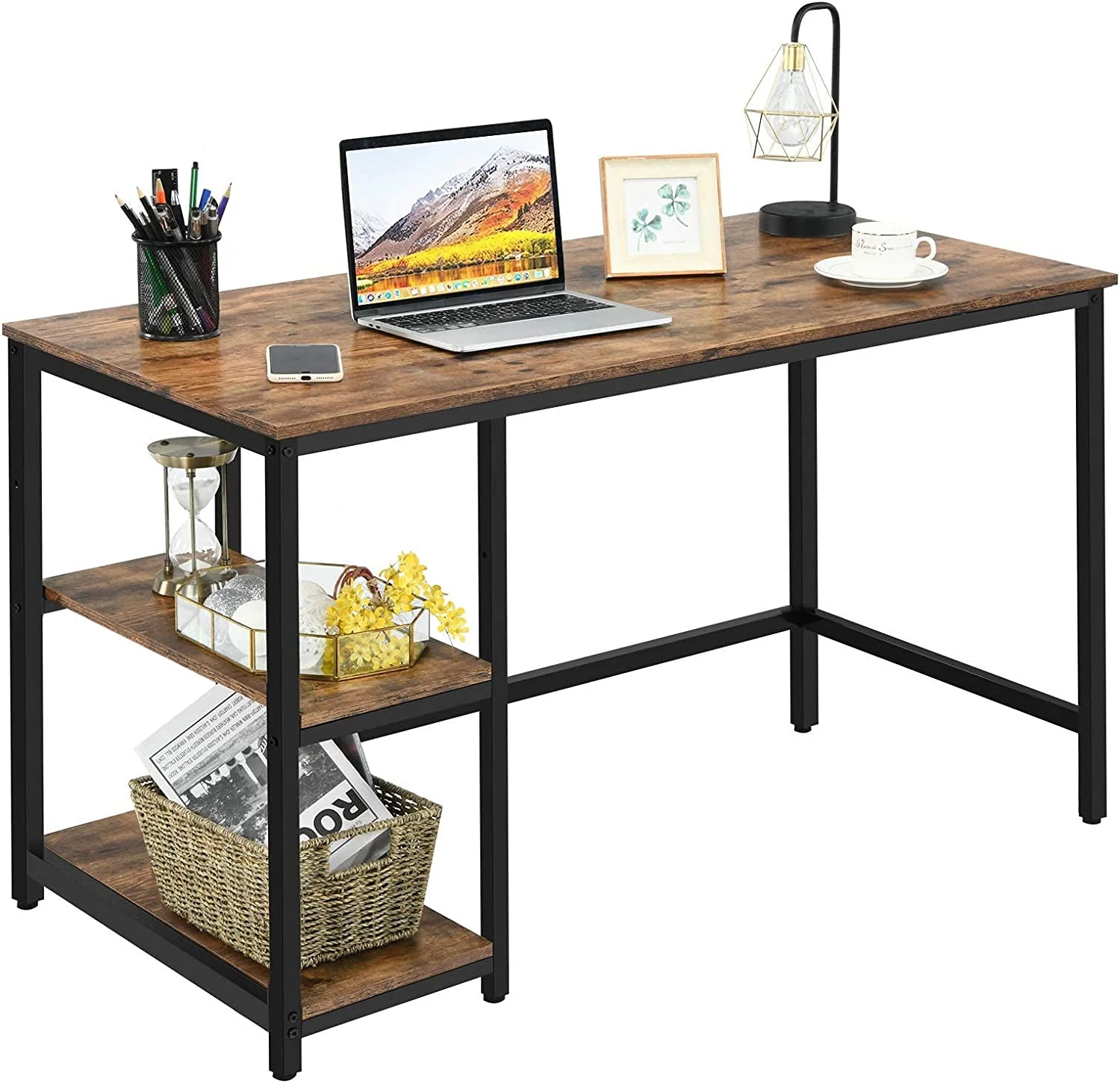 Home Office Computer Desk with 2 Storage Shelves, Industrial Study Writing Desk Workstation Laptop Table with Sturdy Metal Frame (Rustic Brown)