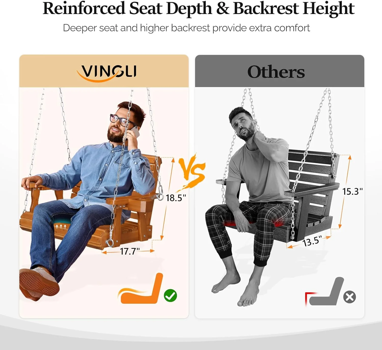 VINGLI Heavy Duty 440 LBS 1-Person Wooden Patio Porch Swing with Deeper Seat & Higher Backrest & Extra Cup Holder for Adults & Kids, Outdoor Single Porch Swing for Porch, Yard, Balcony, Tree (Brown)