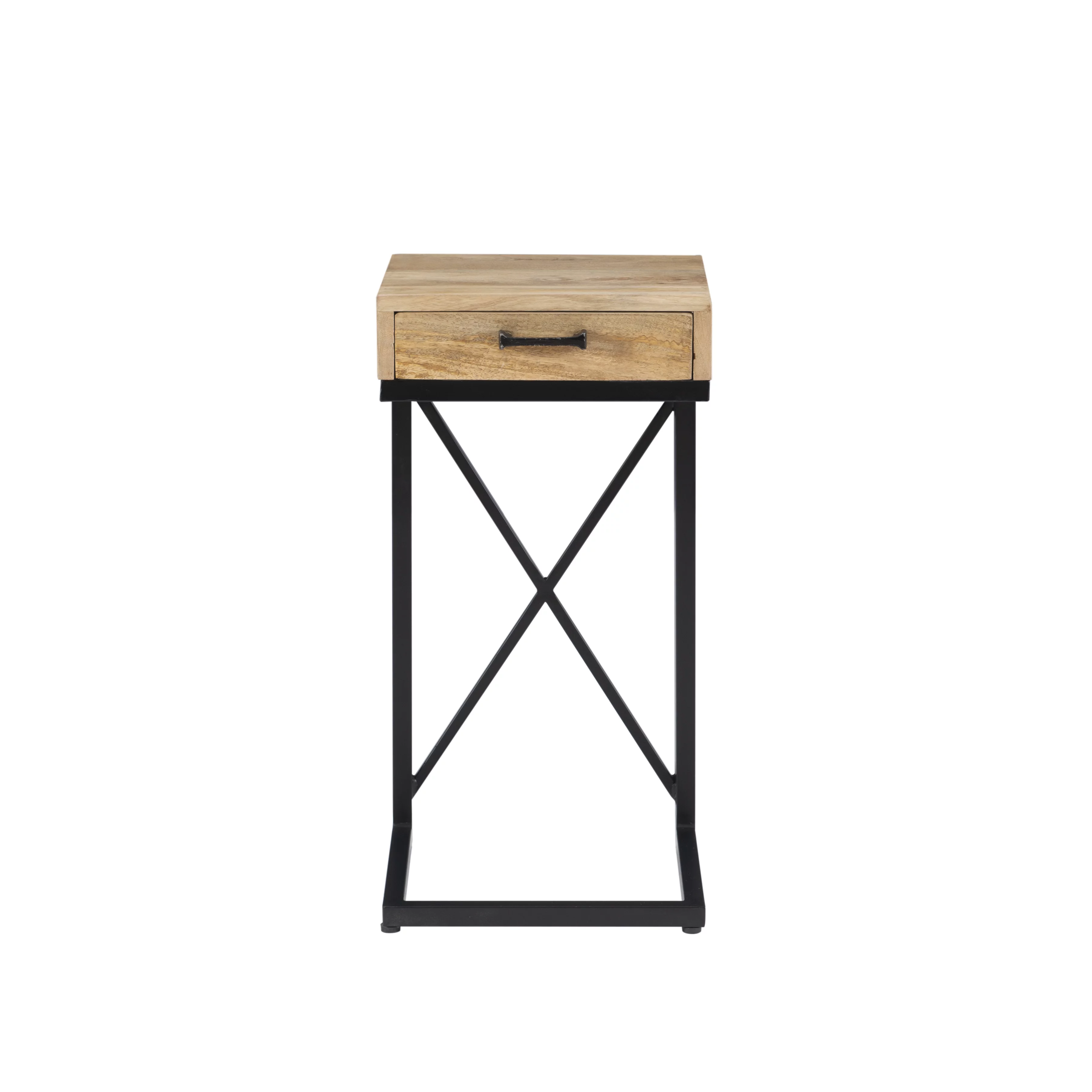 Chalgrove Mid-Century Metal Single Drawer C-Table, Black Base with Natural Wood Top