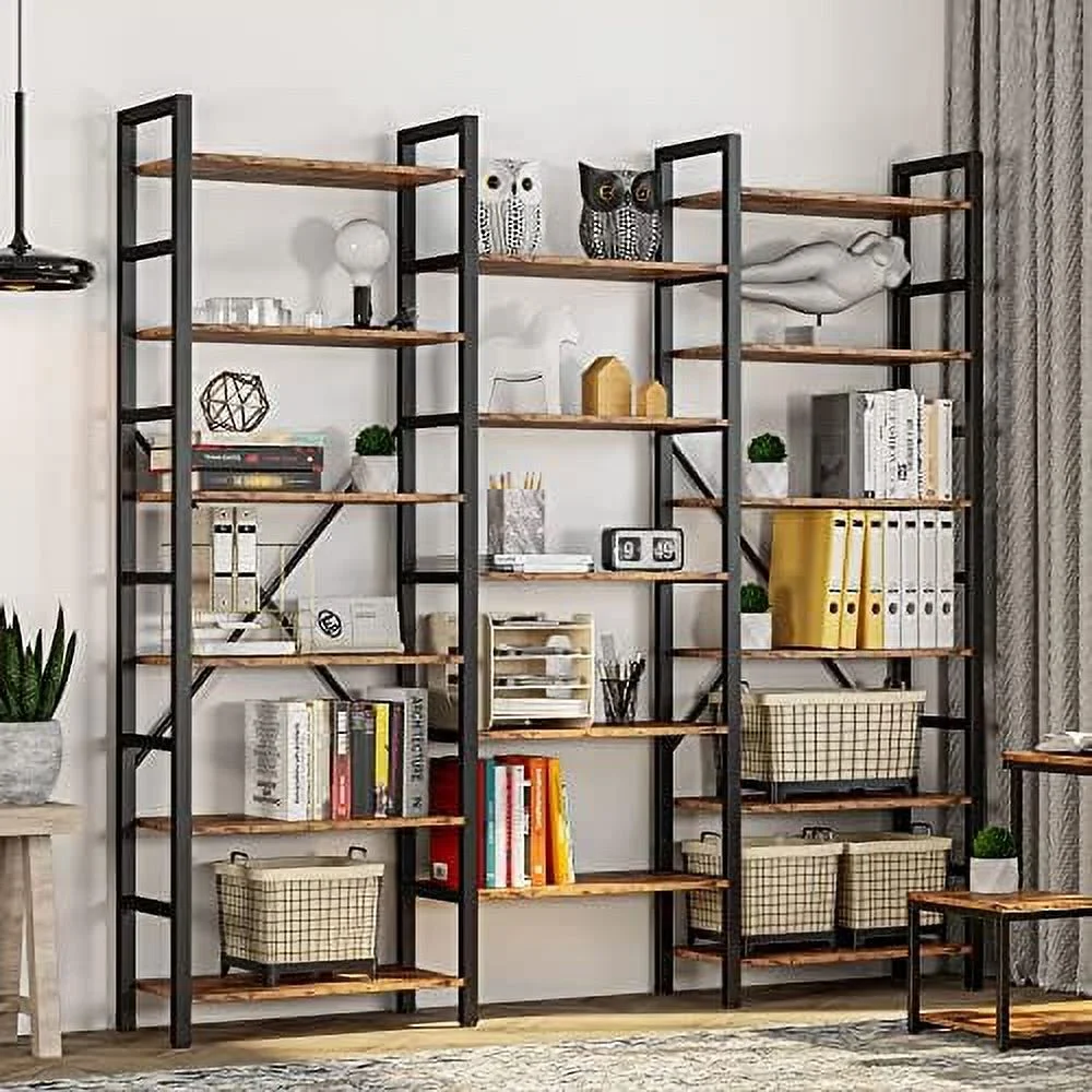 HOOMHIBIU and Bookshelves Triple Wide 5 Tiers Industrial Bookshelf  Large Etagere Bookshelf Open Display Shelves with Metal Frame