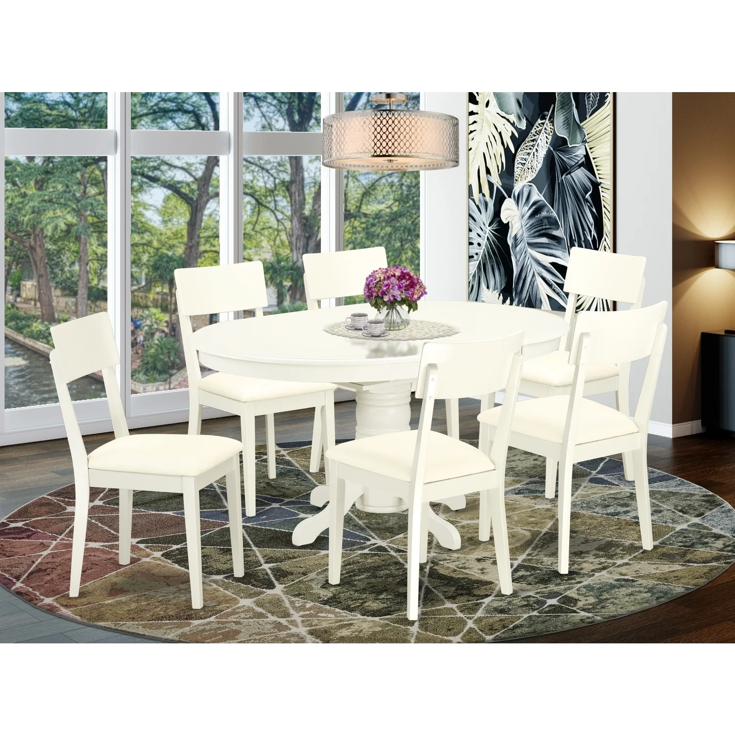 HomeStock Hollywood Regency 7 Pc Dining Set With A Kitchen Table And 6 Faux Leather Seat Kitchen Chairs In Linen White