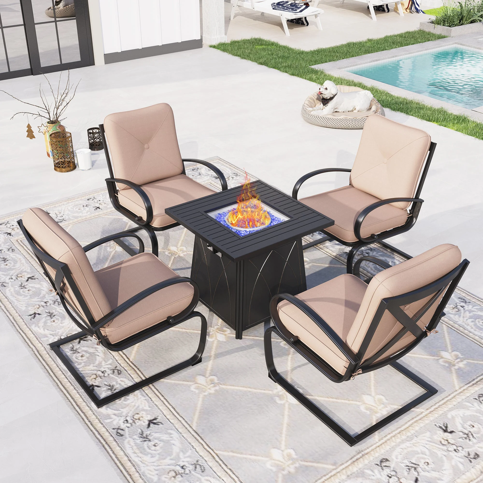 Sophia & William 5 Pcs Metal Patio Outdoor Dining Set with 50,000BTU Gas Fire Pit Table - Beige