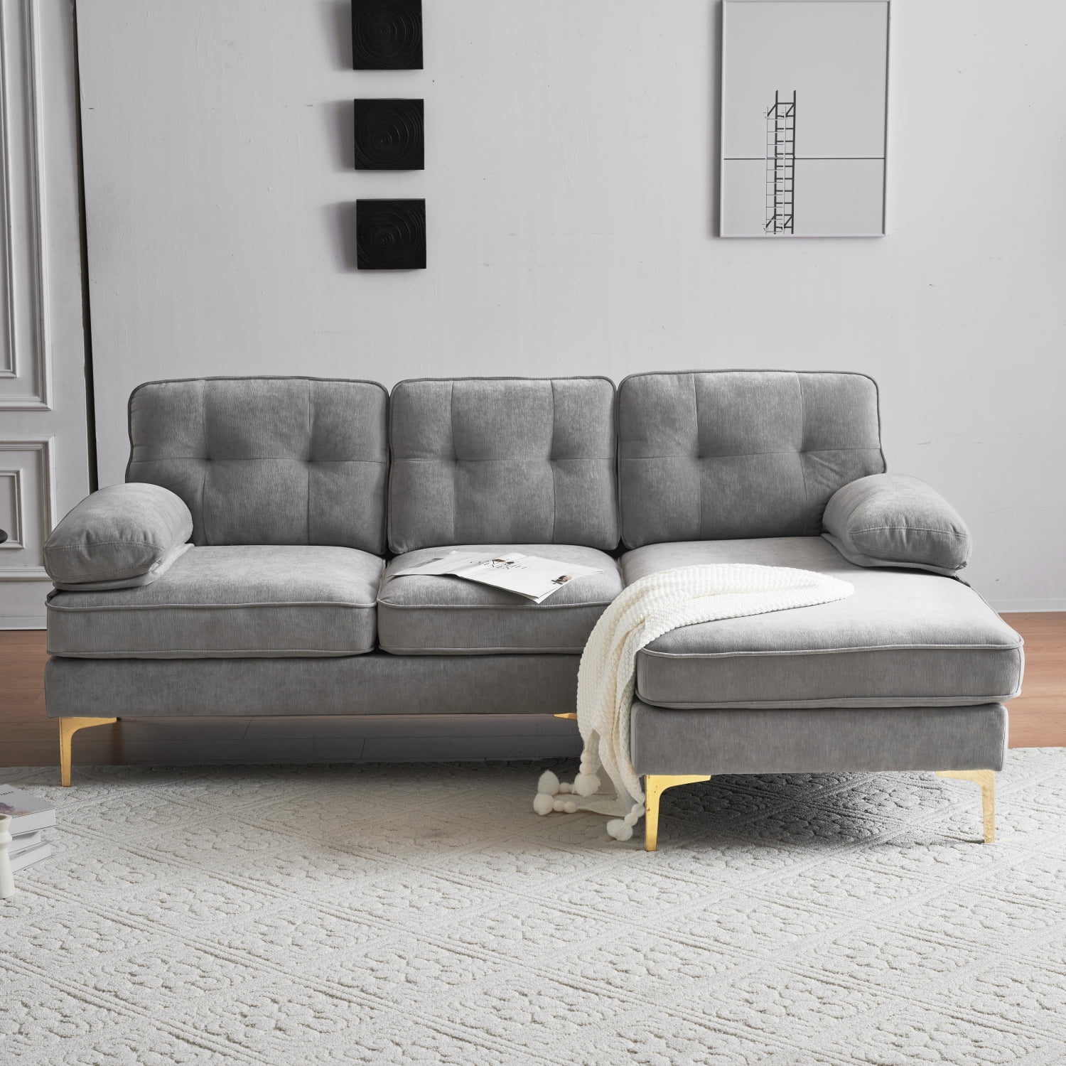 Elegant and Luxurious Modern Light Grey Velvet L-Shaped Sectional Sofas Couches - Perfect Addition to Your Living Room and Bedroom - 83 Inches in Length
