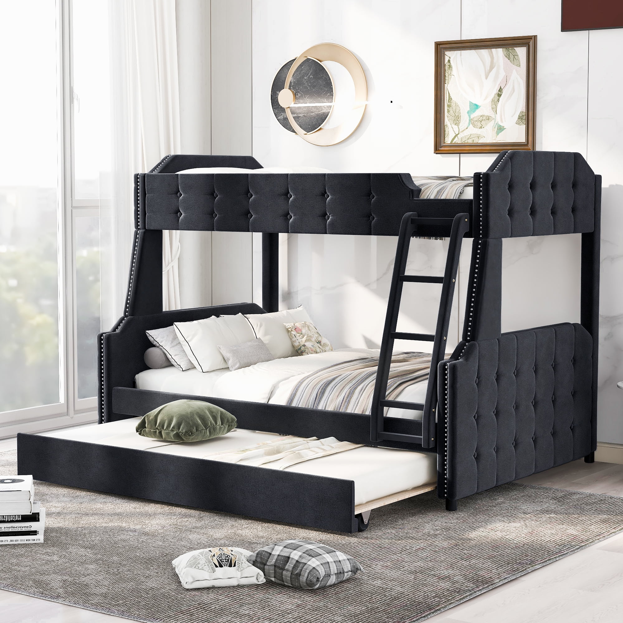 EUROCO Twin over Full Upholstered Bunk Bed with Trundle, Tufted Button for Kids Bedroom, Black