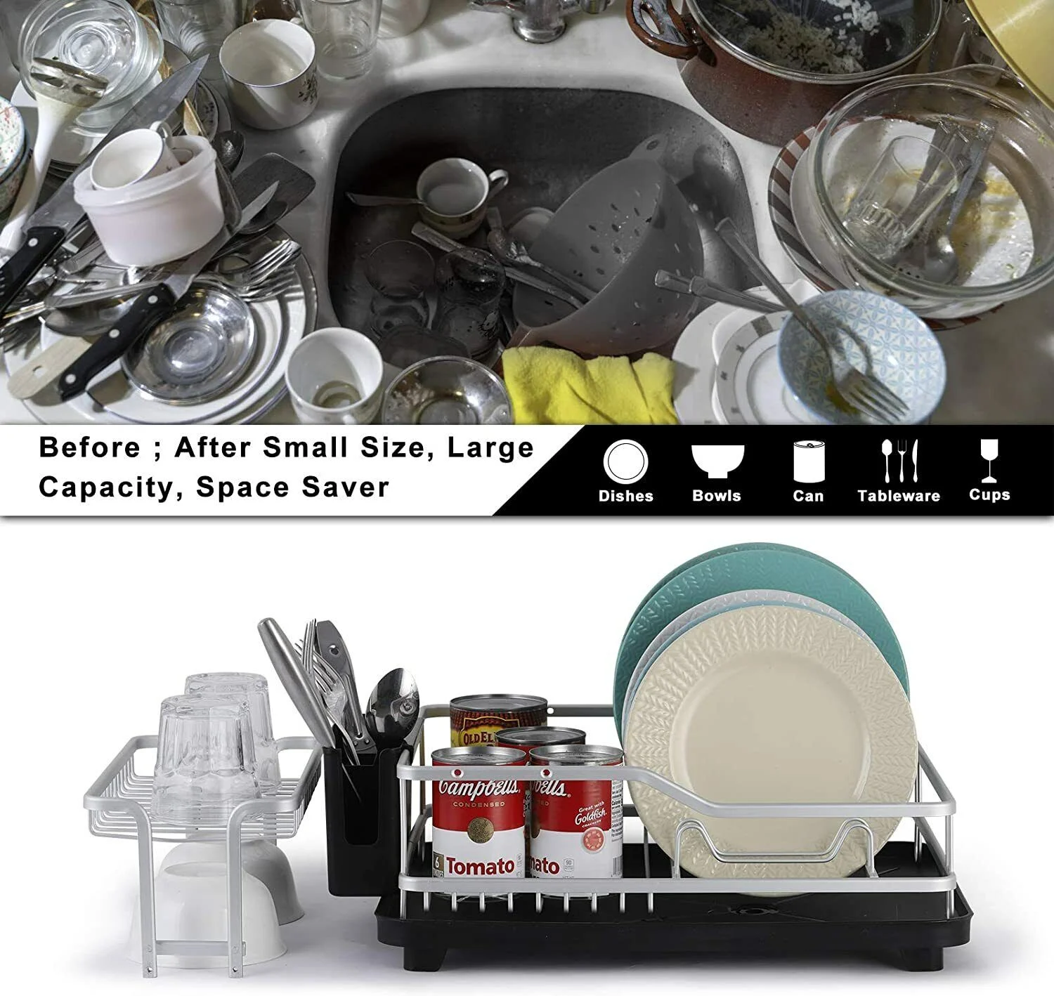 2Tier Aluminum Kitchen Steel Over Sink Dish Drying Rack w/Cutlery Holder Drainer