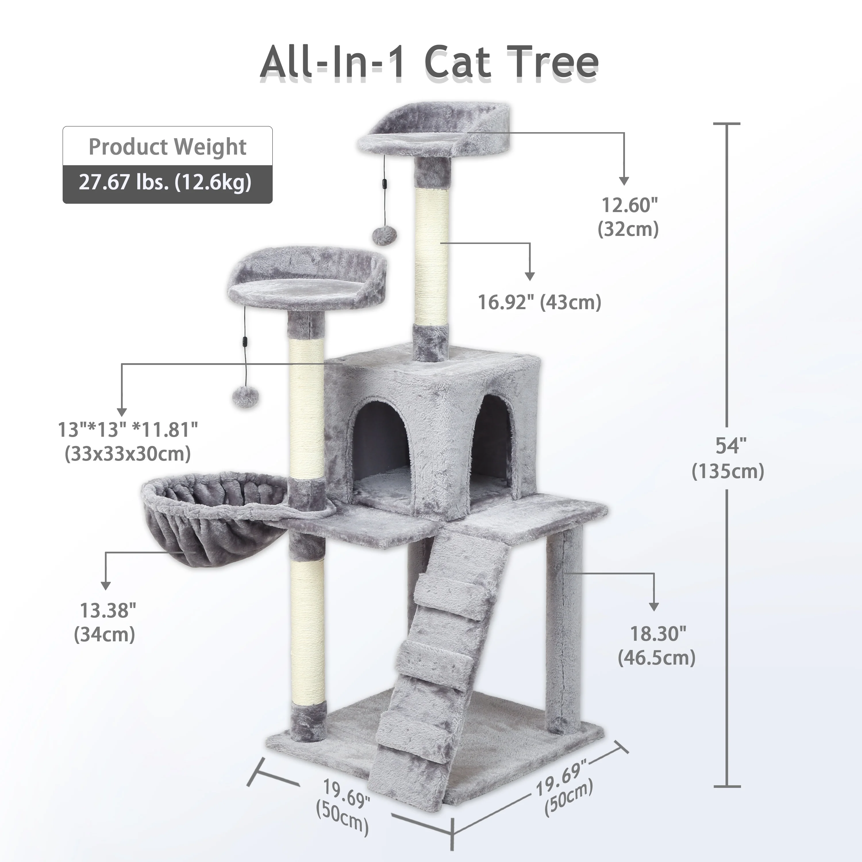 54in Cat Tree Cat Tower Condo Furniture Scratch Post with Natural Sisal Rope, Hammock & Cradle for Cats Kittens, Tall Cat Climbing Stand with Plush Perch & Toys (Light Grey)
