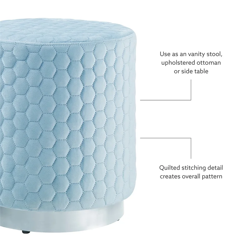 Linon Aiden Round Quilted Fabric Stool with Silver Metal Base in Blue