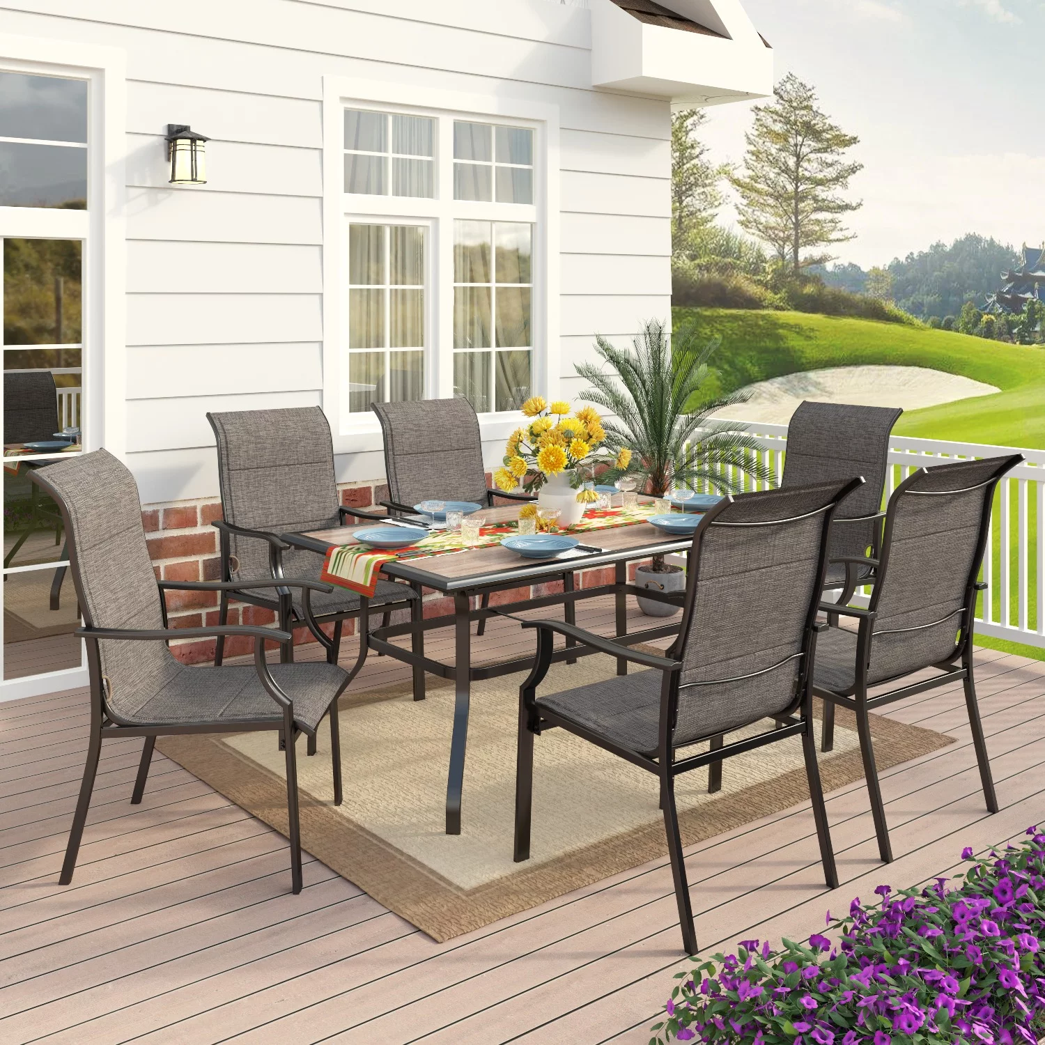 MF Studio 7 Pieces Outdoor Patio Dinning Set with 6 Pieces textilen outdoor dining chairs for patio, deck, porch