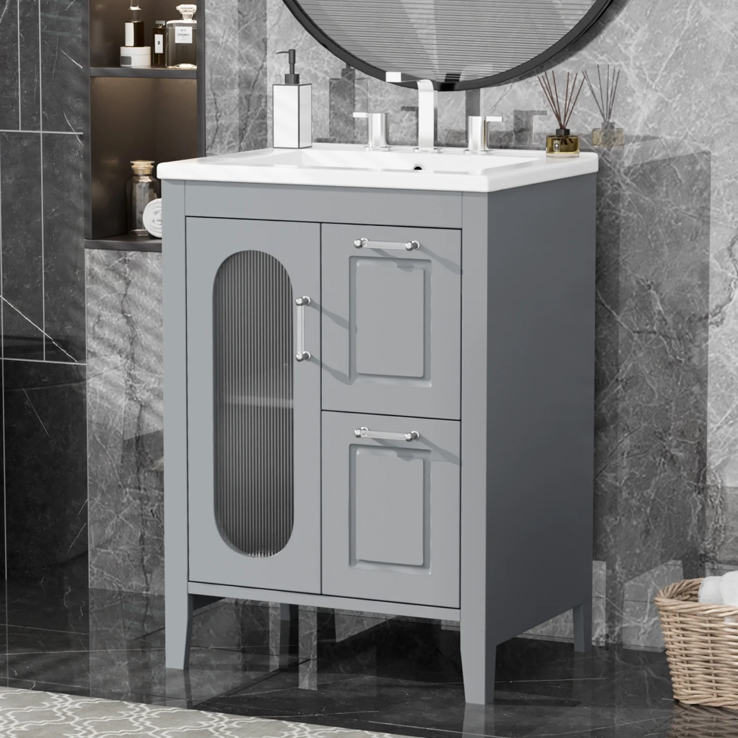 YLtoohoom 24” Bathroom Vanity with Sink  Bathroom Vanity Cabinet with Two Drawers and Door  Adjustable   Solid Wood and MDF  Grey