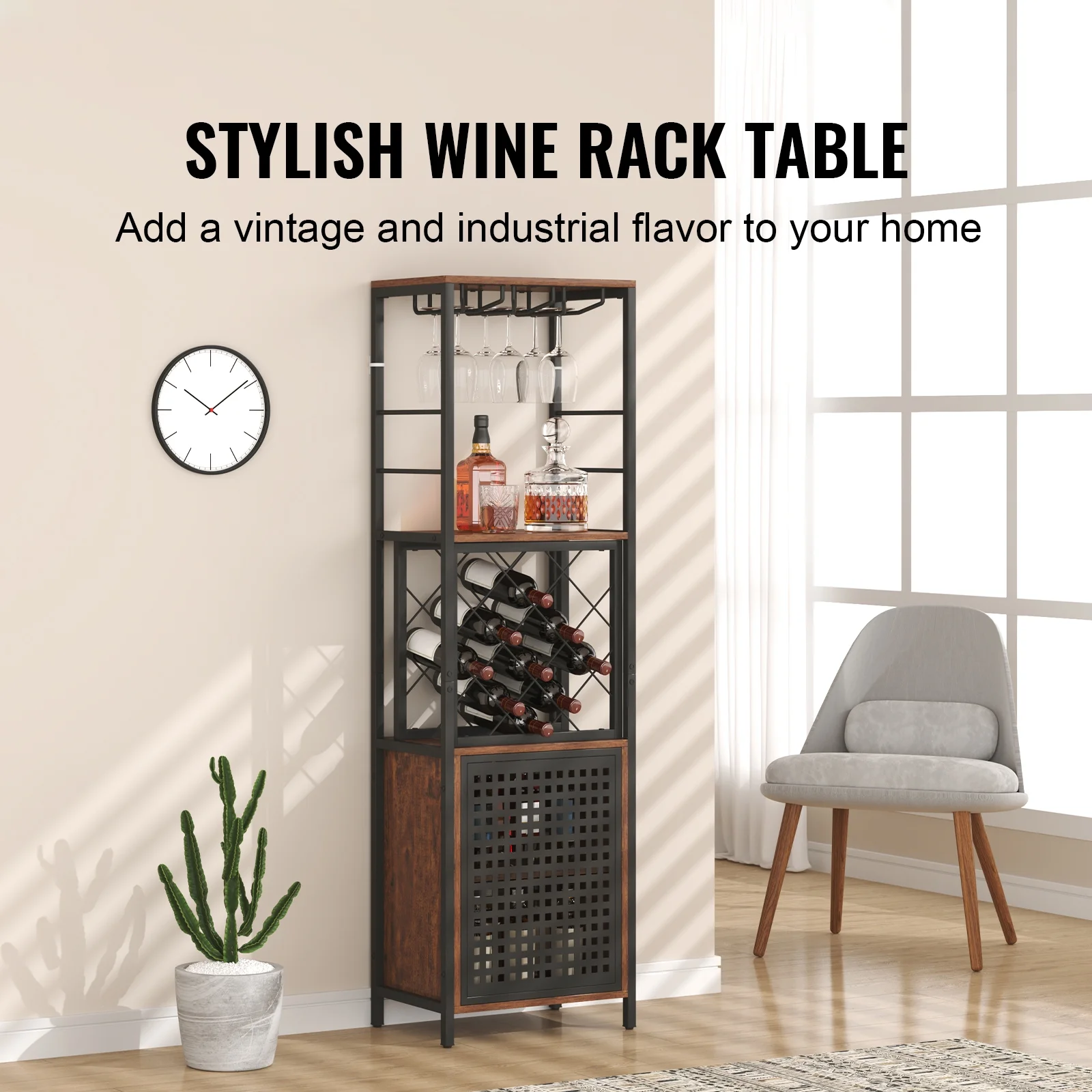 SKYSHALO Industrial Bar Cabinet Wine Bar Home Table with Wine Rack & Glass Holder
