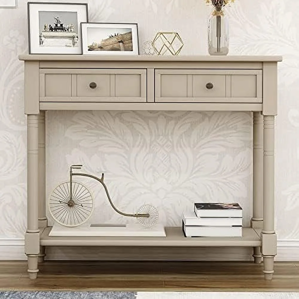 JYHOME Wood Sofa Table Console Table Entryway Table Traditional Design with Two Drawers and Bottom  for Living Room Hallway Dining Room Retro Blue