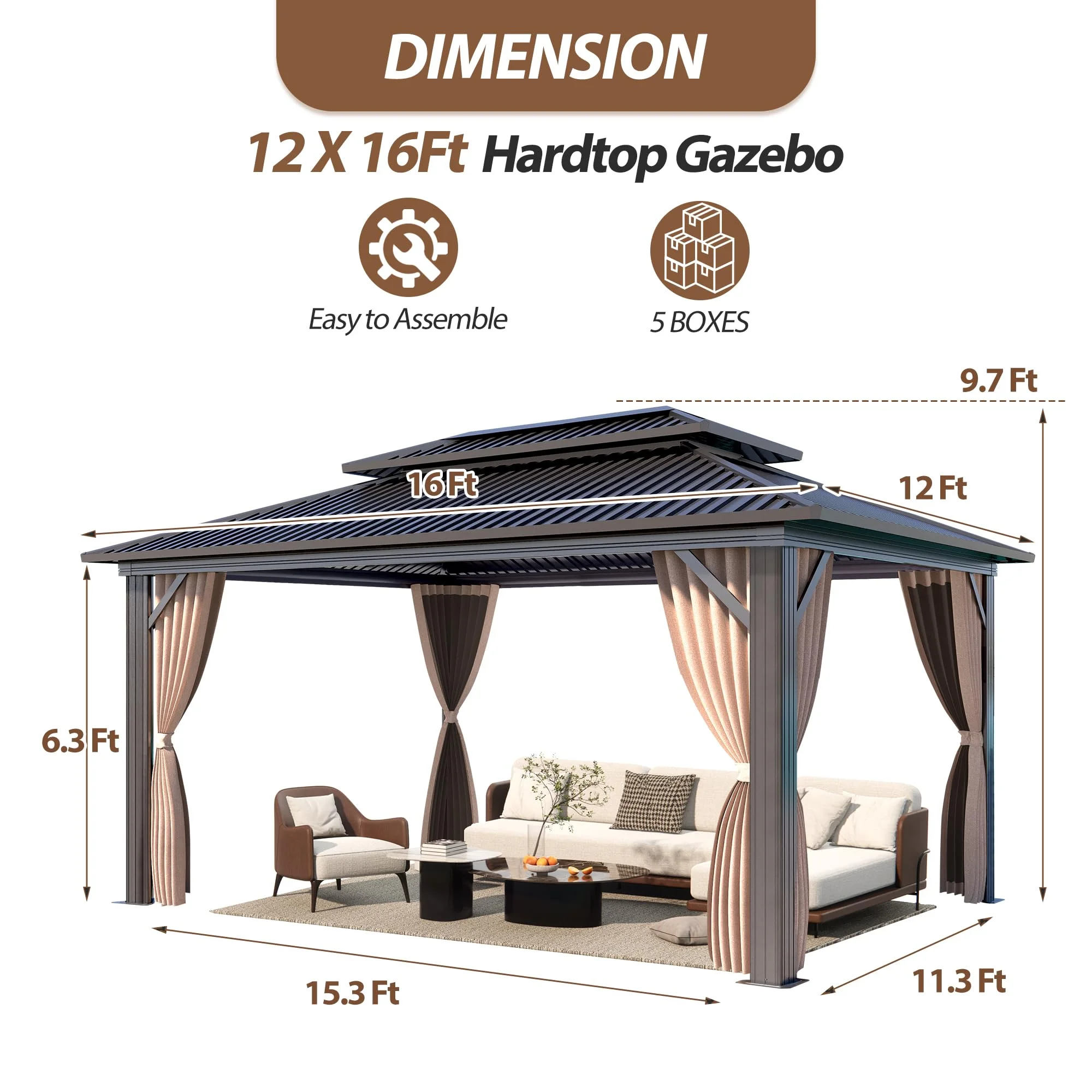 COVERONICS 12x16FT Outdoor Hardtop Gazebo with Double Roof - Heavy-Duty Galvanized Steel Hardtop Gazebo with Breathable Netting & Zipper Curtains for Patio, Porch, Garden, Lawn, Deck, Backyard