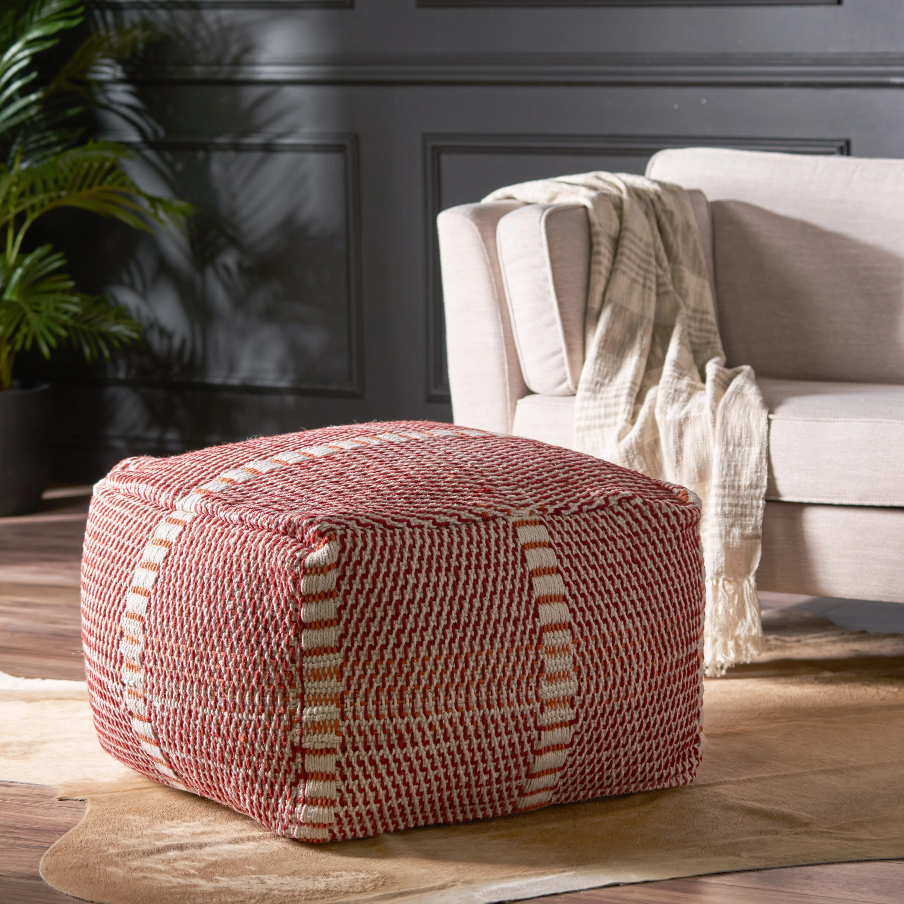 GDF Studio Dexter Indoor/Outdoor Boho Handmade Water Resistant Fabric Rectangular Pouf, Red and Orange