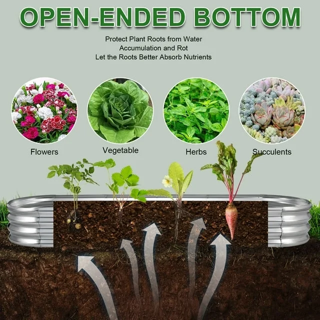 VIBESPARK Galvanized Raised Garden Bed Outdoor Planter Box, 8x2x1ft Oval Planter Box Kit for Vegetables Fruits Herb Grow Yard Gardening