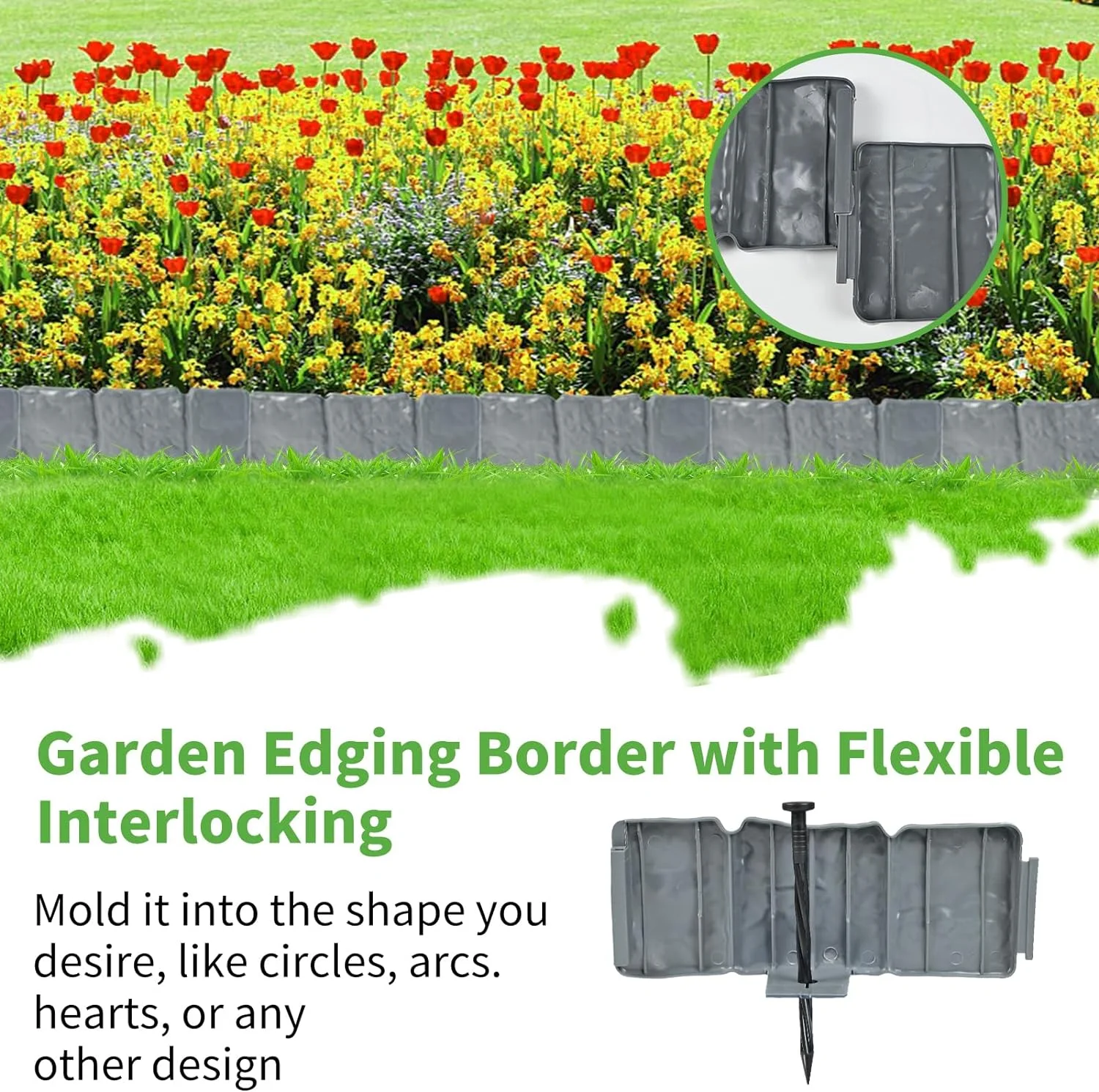 DSTESS Garden Edging Border, 24ft Long Plastic Landscape Edging No Dig for Flower Beds, Garden Edging Imitation Stone Border, Garden Borders and Edging for Landscaping,Gray,30Pcs
