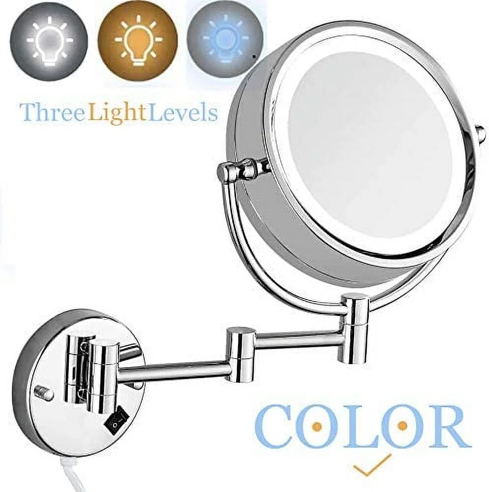 HYUN Wall Mount Makeup Mirror with Light LED Lighted 10X Magnification 9 inches, Double Sided, Powered by Plug 360 Swivel, Chrome Finished, 13 Inch Extension，Electric Plug in