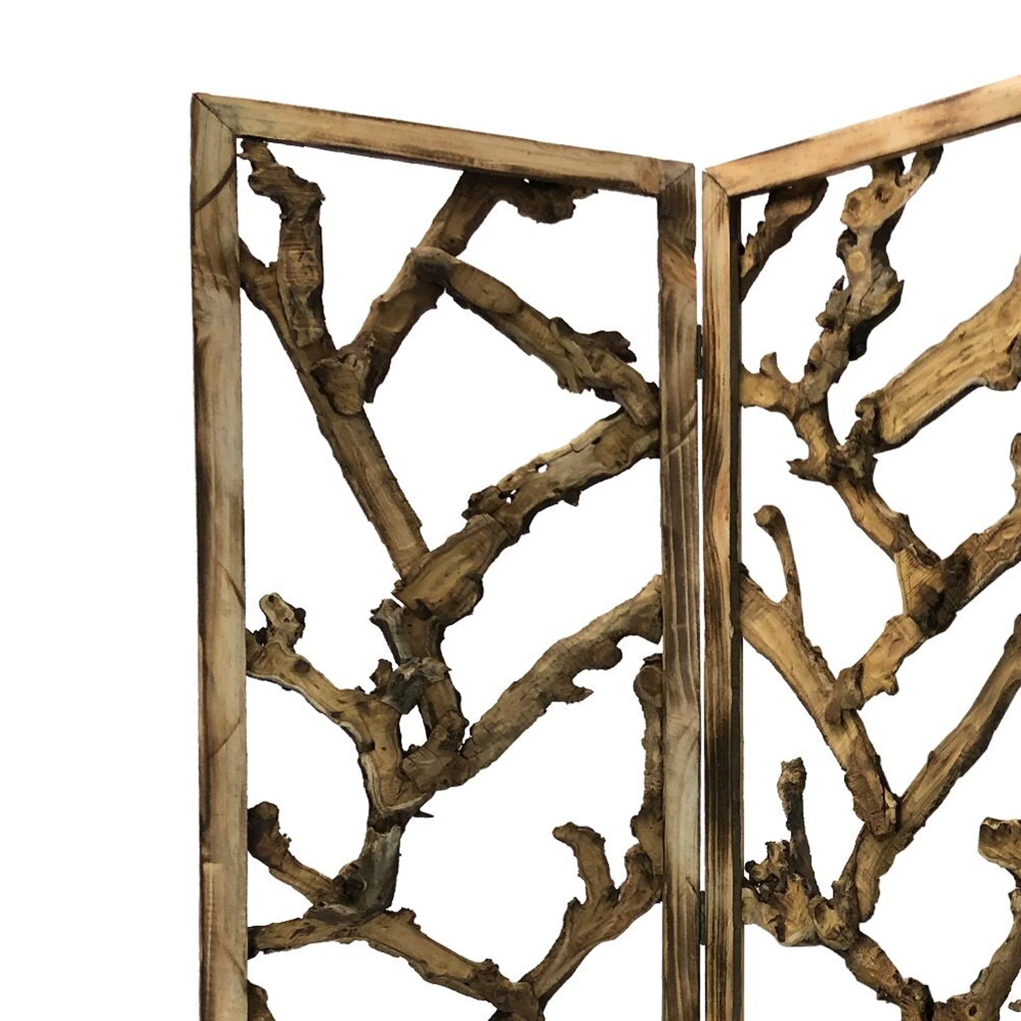 Benjara 72 Inch 3 Panel Screen Divider, Rustic, Mulberry Branch Design, Brown