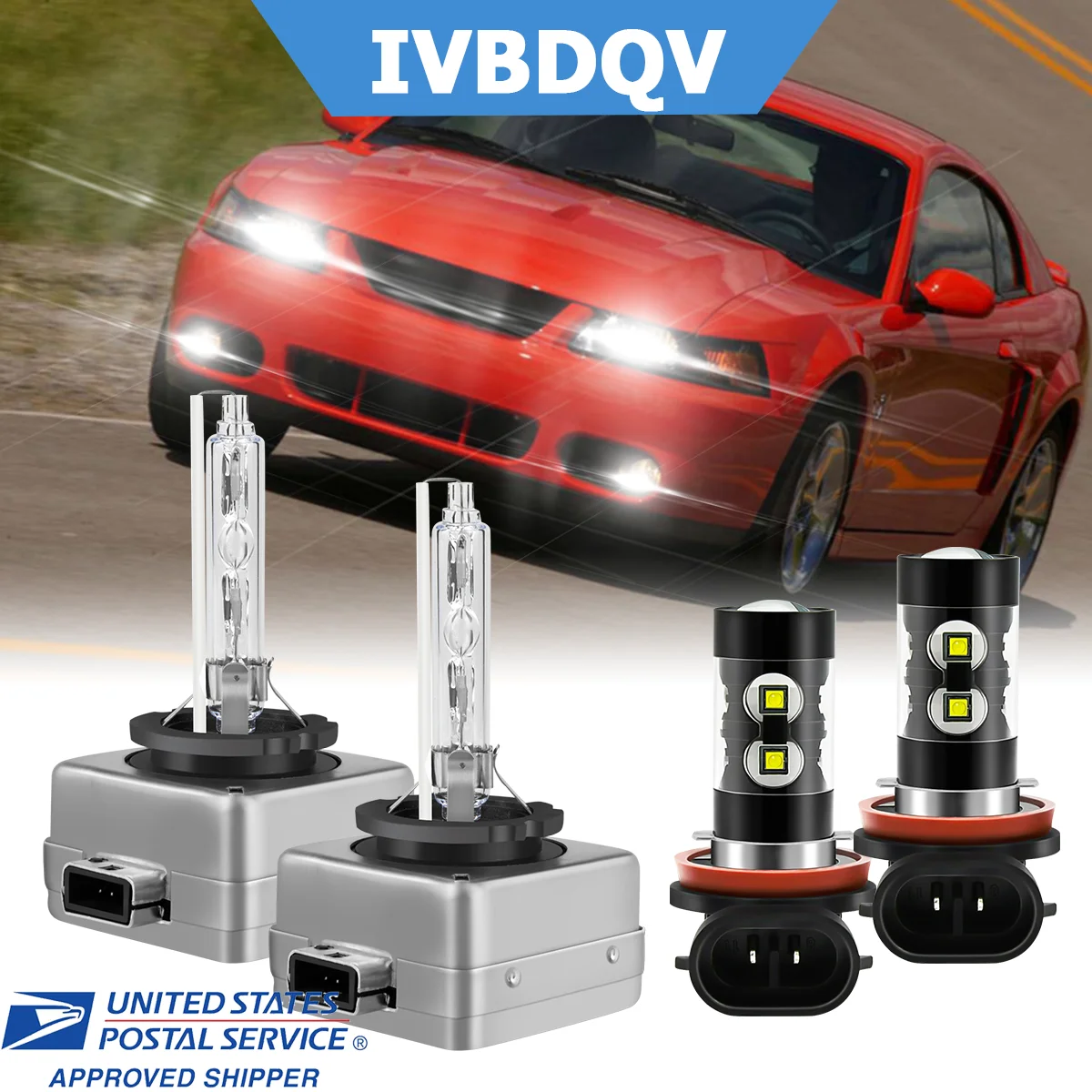 For Ford Mustang 2015-2018 HID Headlight D3S High/Low Beam+LED H11 Fog Light Bulbs Kit 4Pcs