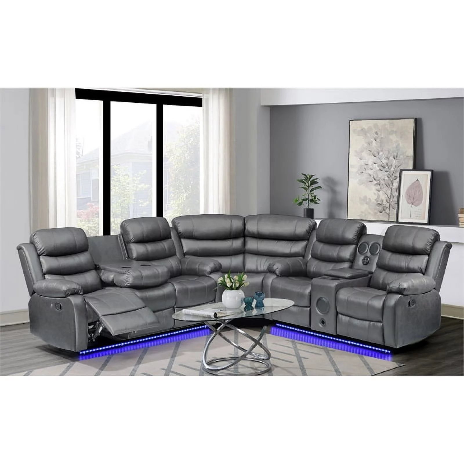 Bowery Hill Modern LED Faux Leather Reclining Sectional in Gray