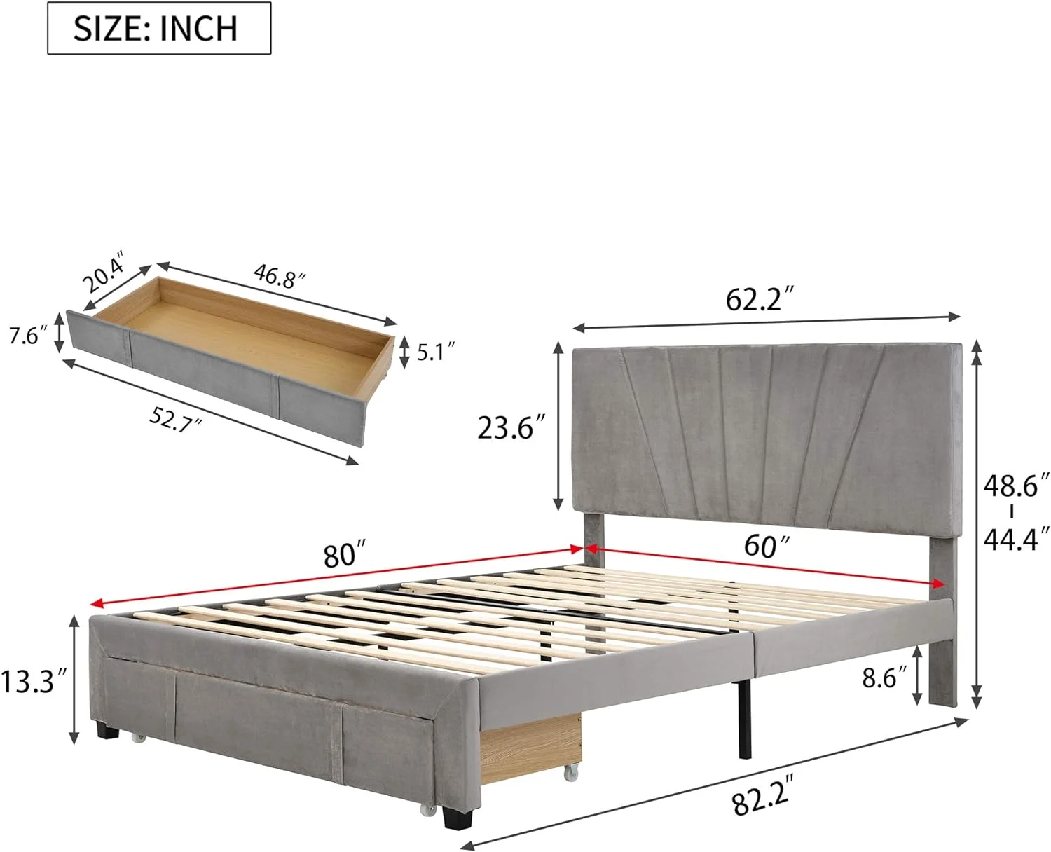 Sorage Bed Velve Upholsered Plaform Bed Frame Wih A Big Drawer,Queen Size Wooden Sla Suppor, No Box Spring Needed