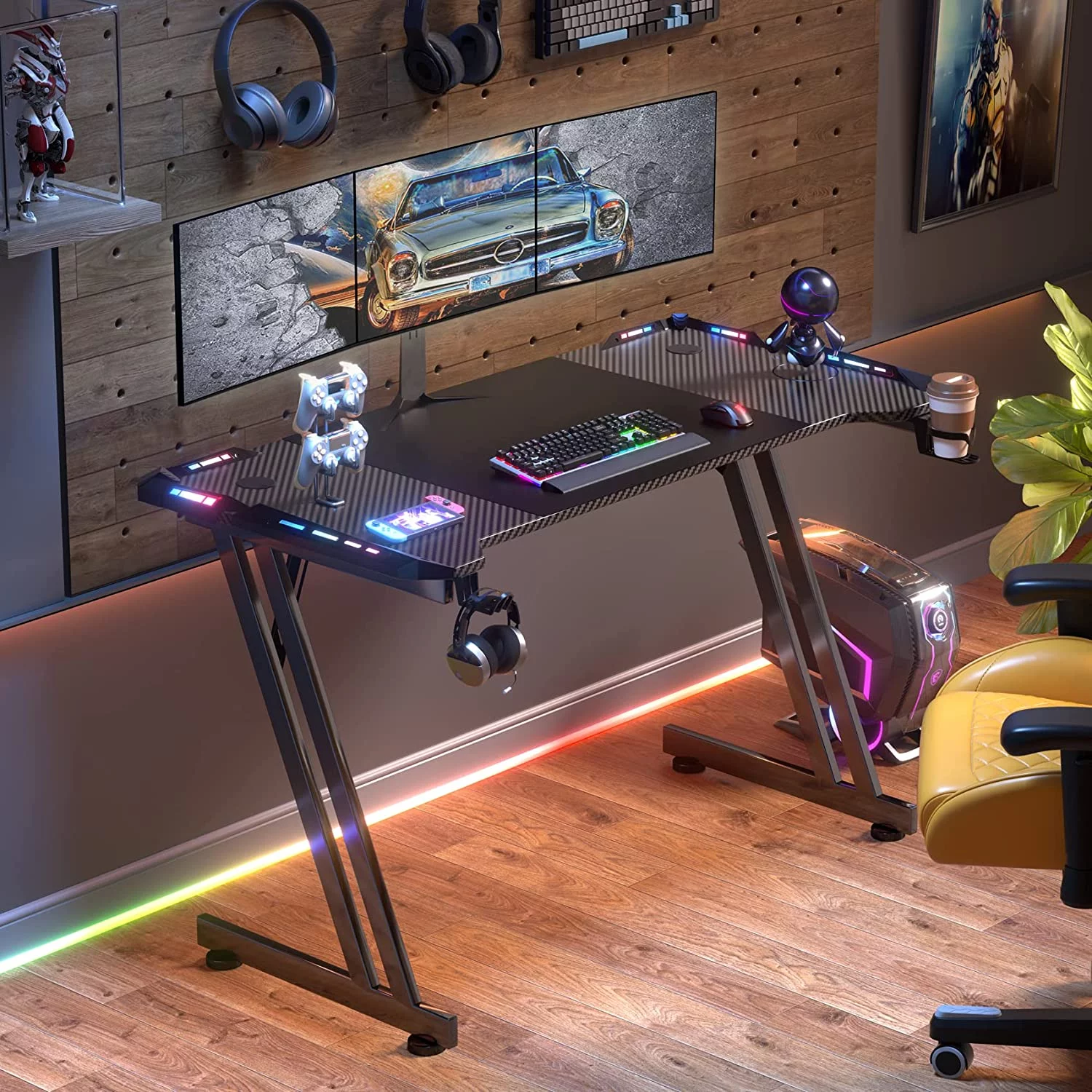 63 Inch Gaming Desk with LED Lights Carbon Fibre Surface Gaming Table Large Computer Desk Ergonomic Home Office Desks Z Shaped PC Gamer Workstations with Cup Holder & Headphone Hook Black