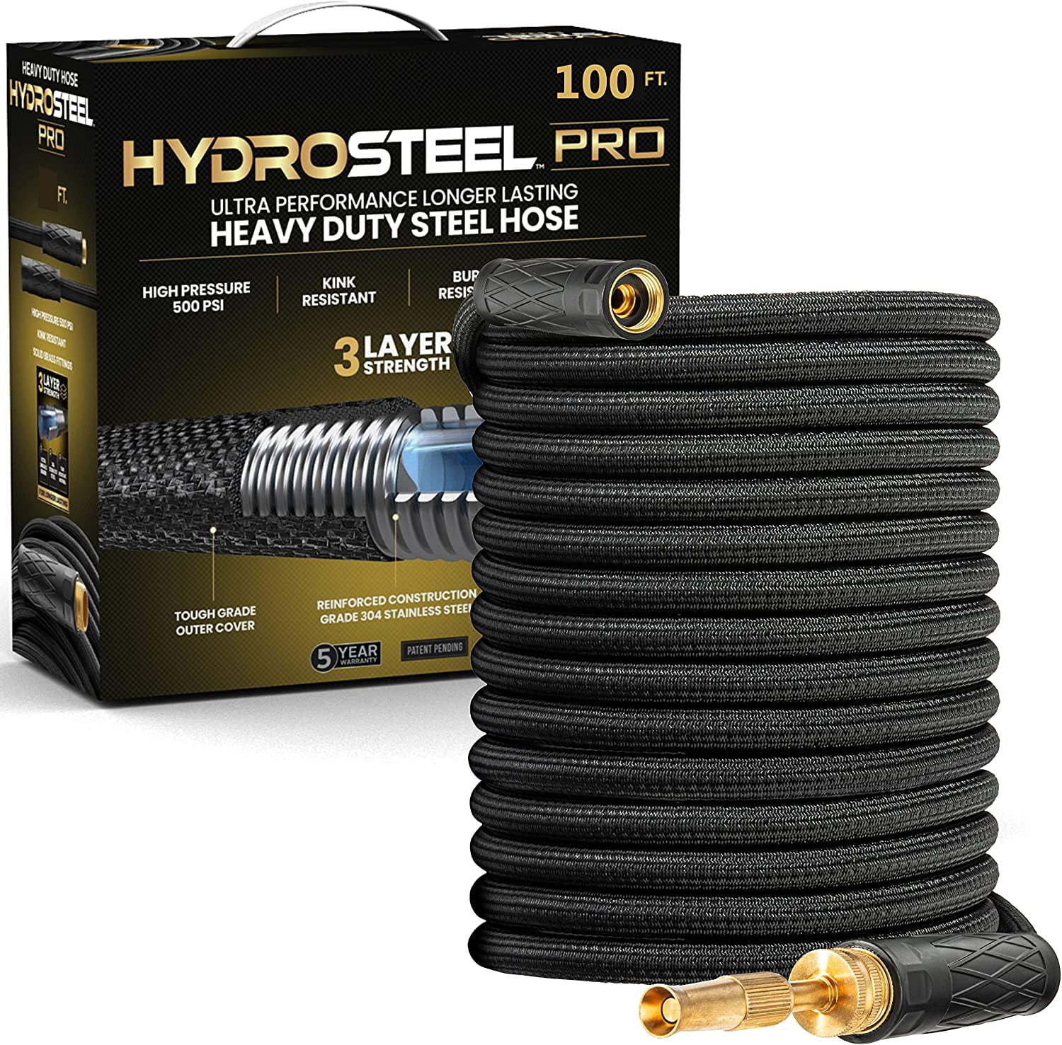 HYDROSTEEL PRO 3-Layer 100 Ft Garden Hose with Nozzle, Water Hose 100Ft