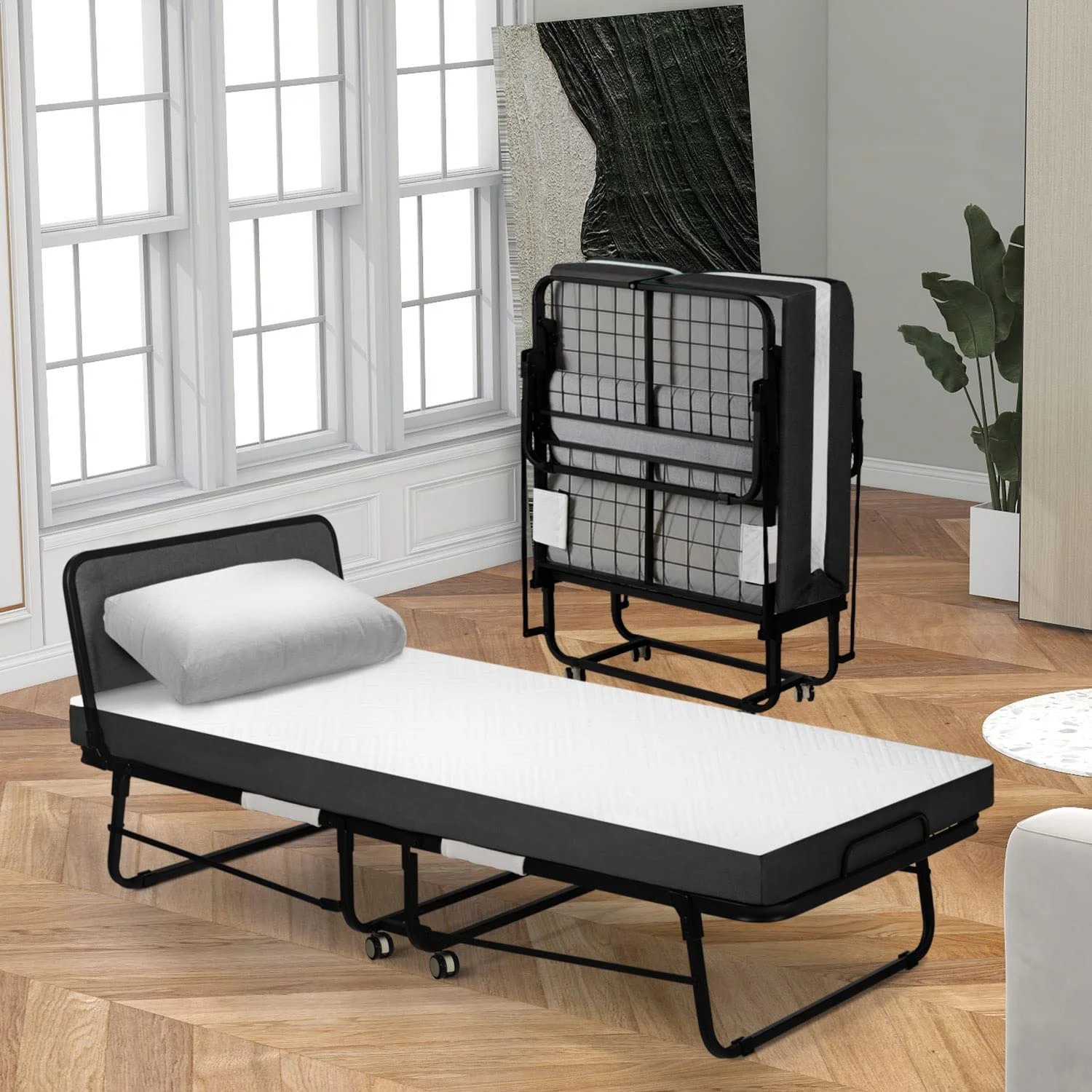 Single Folding Bed with Memory Foam Mattress for Adults Portable Rollaway Cot Size Guest Bed with Headboard&Sturdy Steel Frame on Wheels 75 x 31 Inch (Wood Headboard)